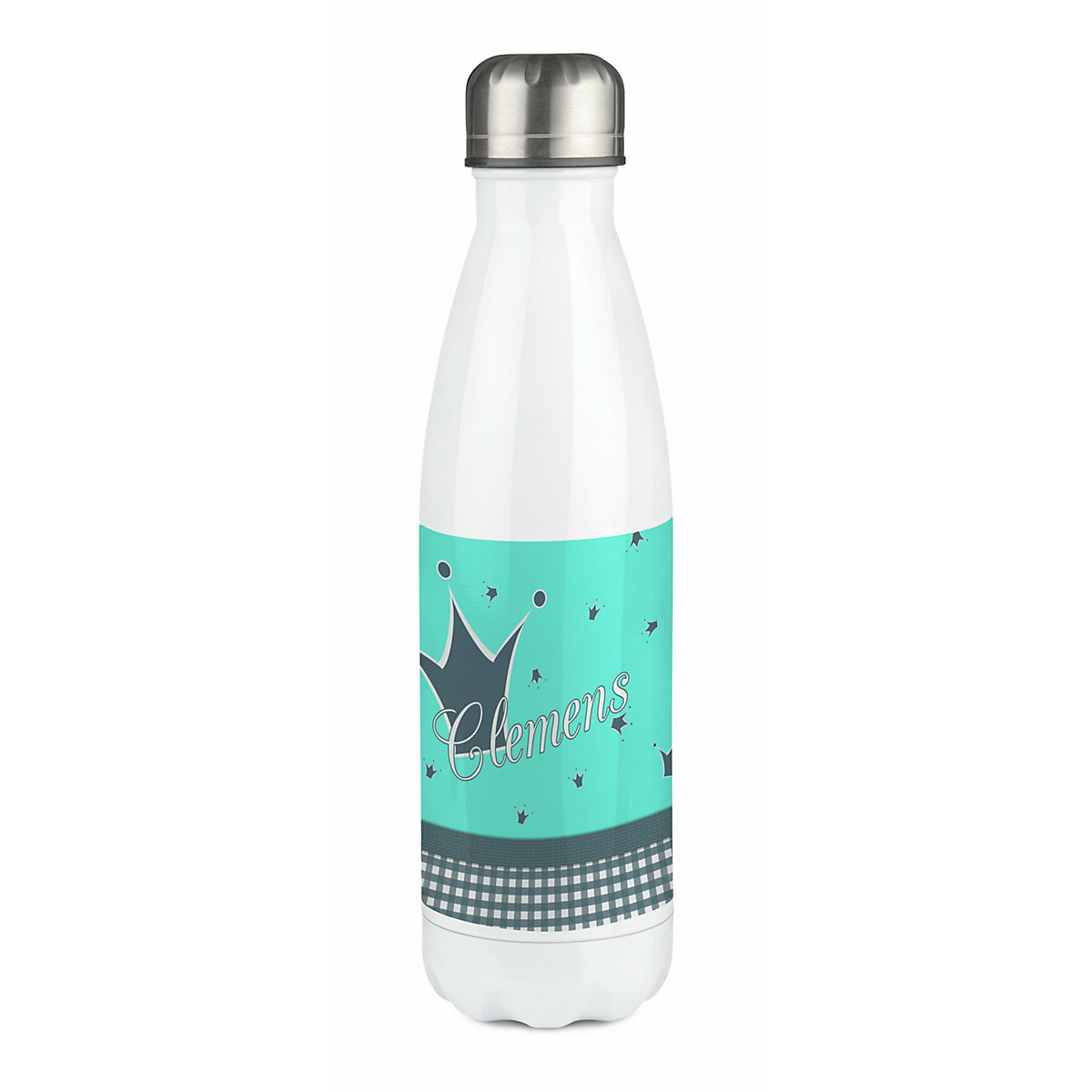 Edelstahl Kinder Thermoflasche / Trinkflasche bunt Krone Farbe türkis grau Spülmaschinenfest, Auslaufsicher, Bruchfest, Doppelwandig, Für Heißgetränke geeignet, Mit Deckel, Isoliert