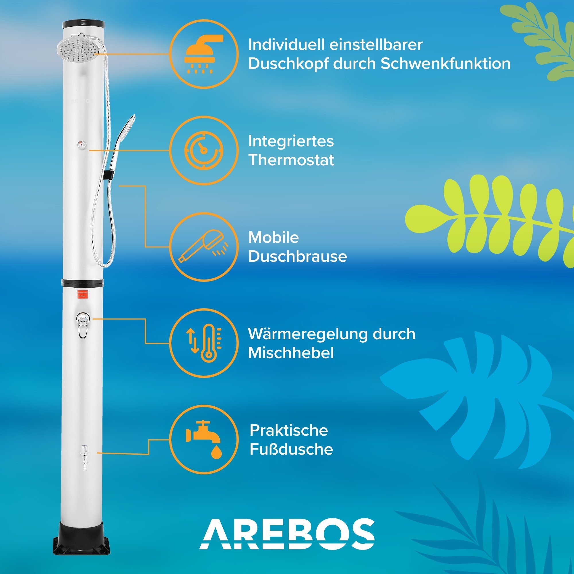 Arebos Solardusche 40 L, inkl. Abdeckhaube, mit integriertem Thermometer (Silber, Stück)