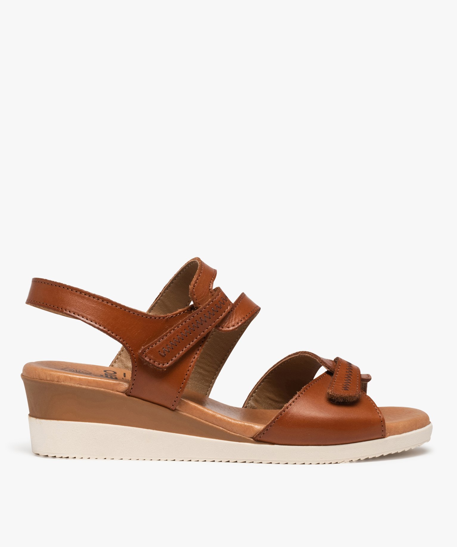 Sandales femme compensées à brides scratch en cuir camel | GEMO