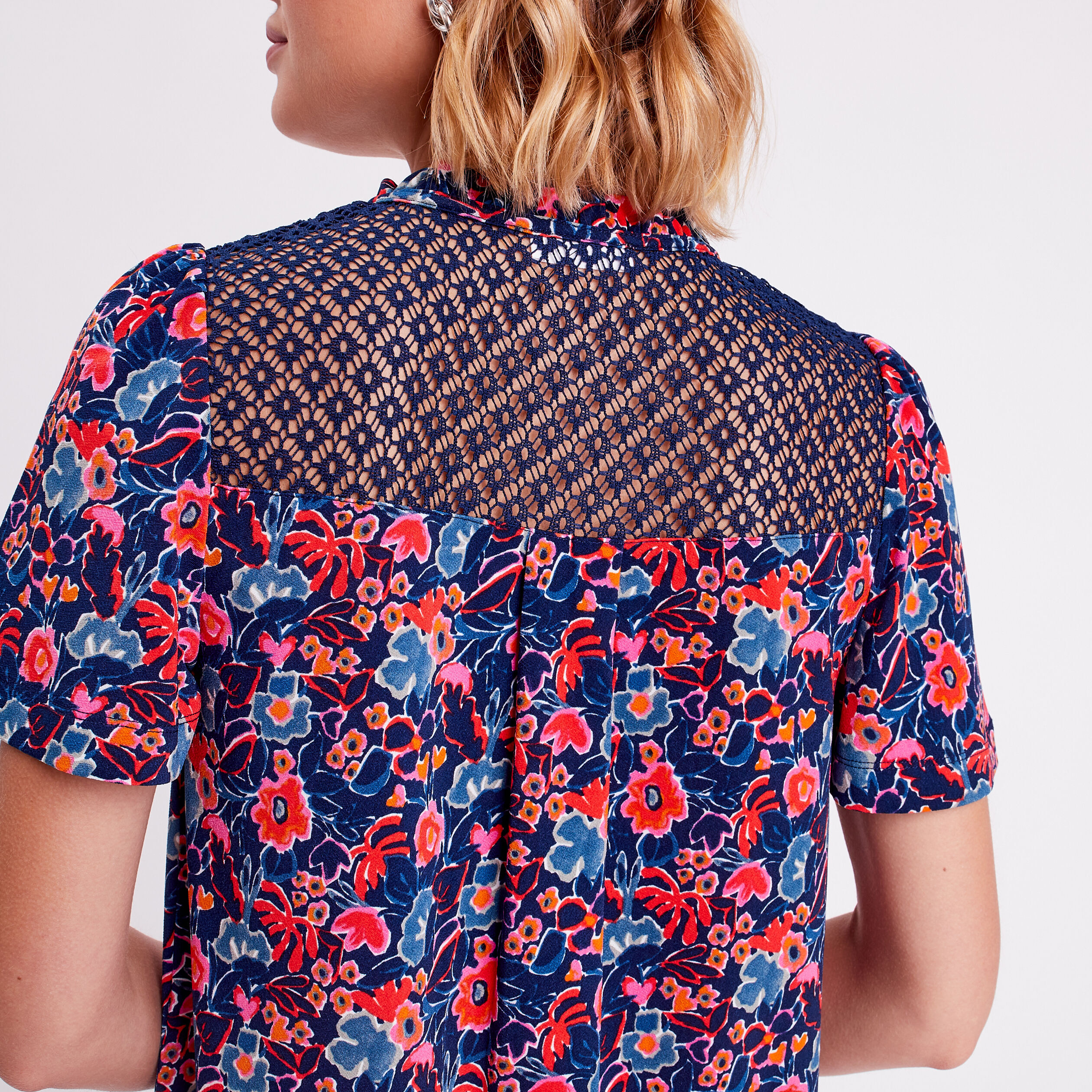 Blouse détails dentelle bleu marine femme | Cache Cache
