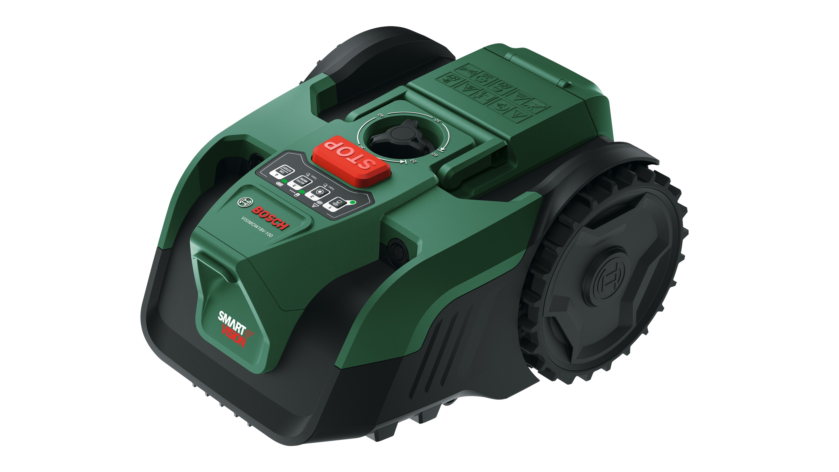 Bosch Green 06008E1002 VISIMOW18V-100 robotgressklipper + kniver, 1x 18V 4,0Ah batteri, AL 18V-44 lader og reservekniver i eske