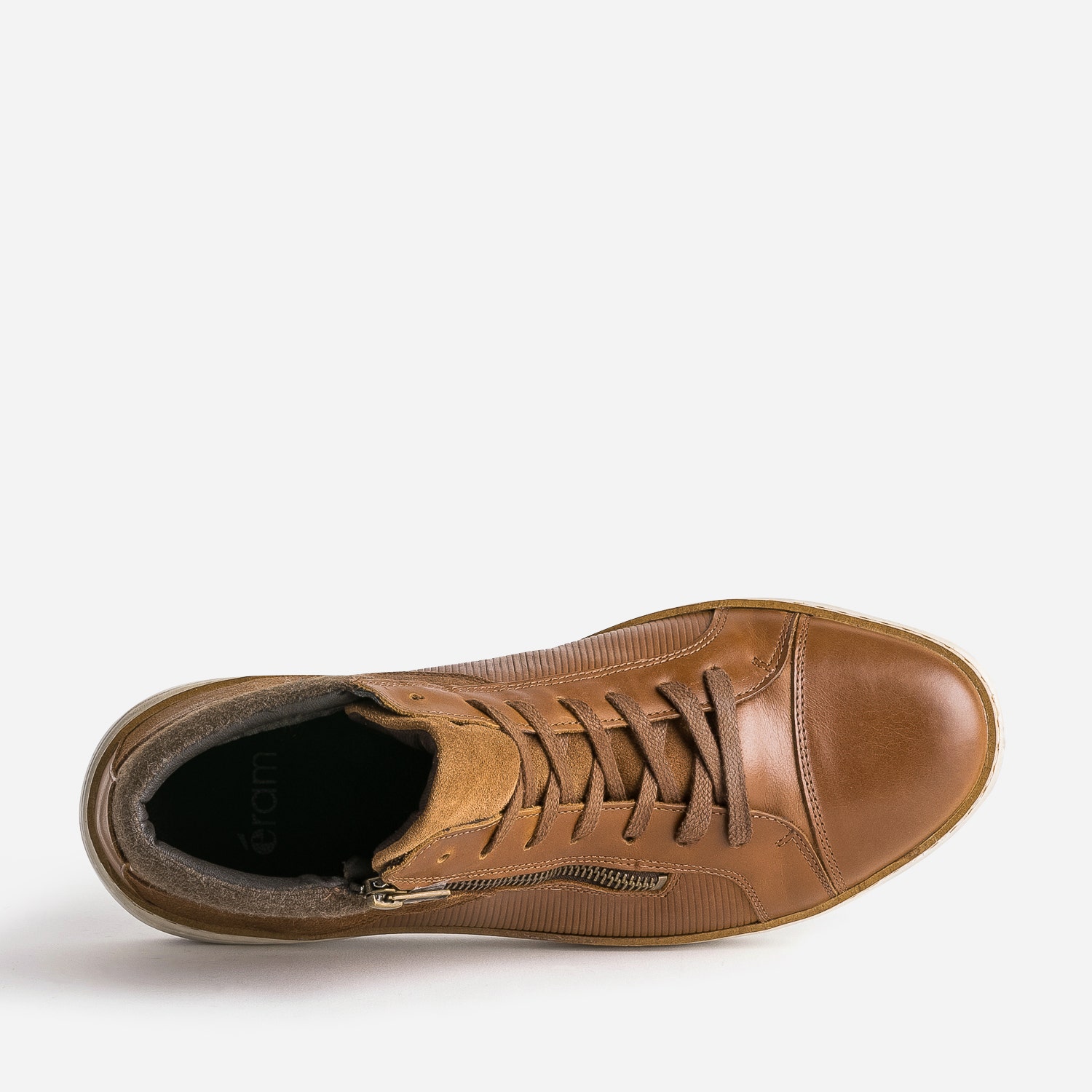 Basket cognac cuir empiècement textile