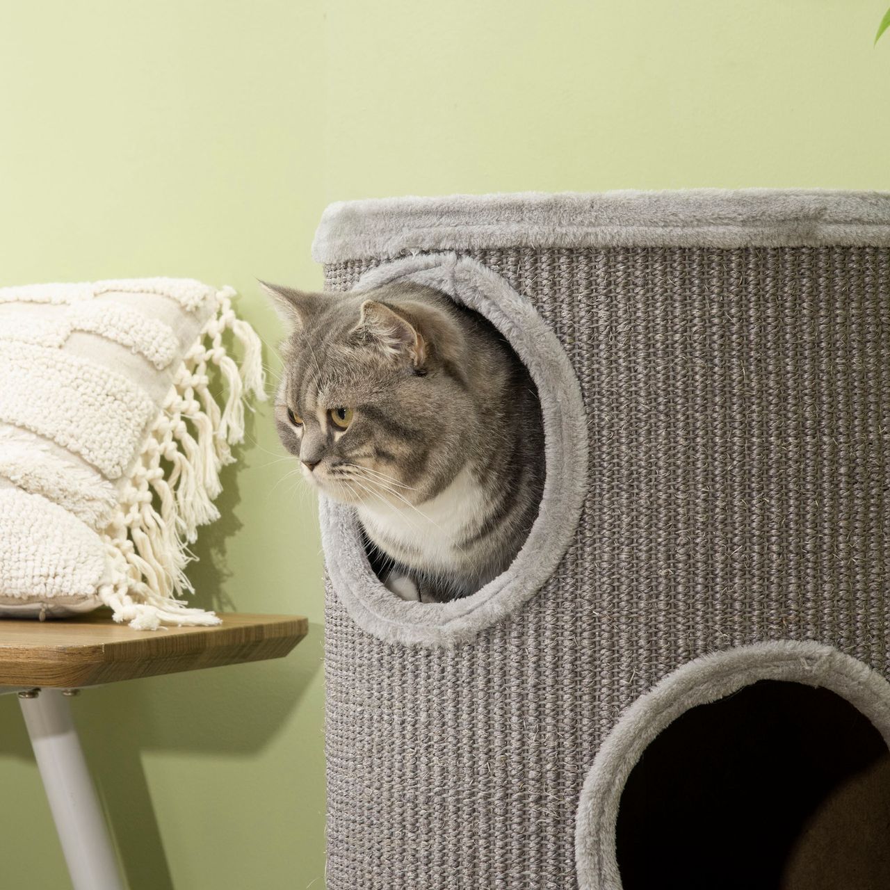 PawHut Kratztonne, Katzenkratzbaum mit 3 Höhlen, Spieltonne für Katzen, Hellgrau