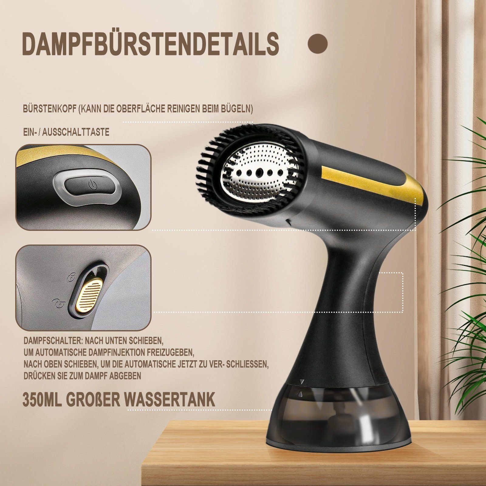 Mutoy Dampfbürste 1500W, Dampfglätte 350ml, Dampfabgabe 25 g/Min,Gewicht 0.8 kg, schnelles Aufheizen,sterilisieren,für Reise & Zuhause