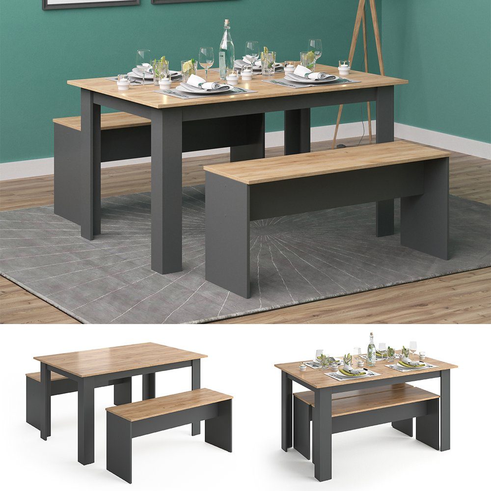 Vicco Sitzgruppe Tischgruppe Esszimmer Esstisch SENTIO Anthrazit, (Set, 3-tlg., 3-er Set), Pflegeleicht