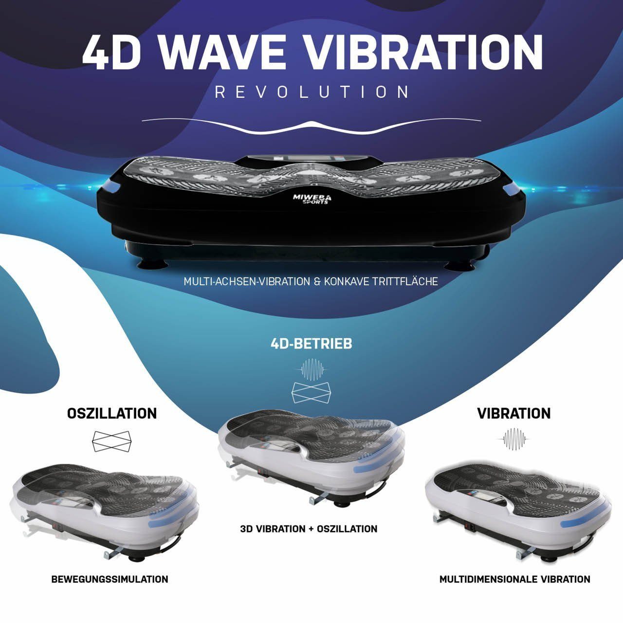 Miweba Sports Vibrationsplatte Profi Vibrationsboard MV300 inkl. Armband Fernbedienung - 4D-Vibration, 800 W, 16 Intensitätsstufen, (LED-Display, 120 kg max. Benutzergewicht, 4D-Wave-Vibration, 3 vordefinierte Trainingsprogramme, drei Vibrationszonen