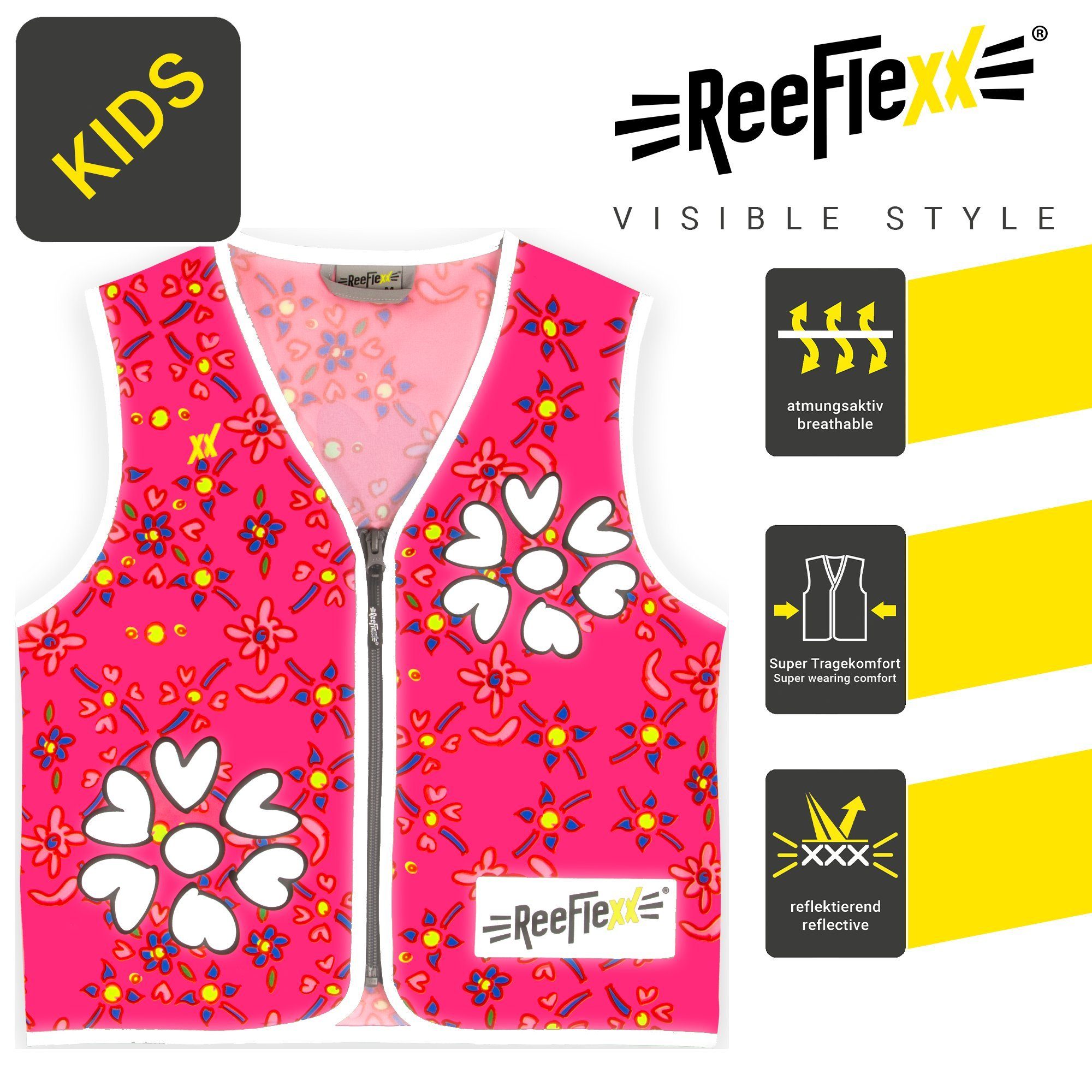 ReeFlexx Warnweste Pink Flower Hearts - Kinderwarnweste