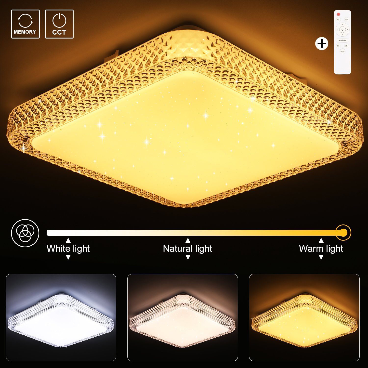 LETGOSPT Deckenleuchte 25W LED Deckenleuchte Dimmbar Kristall Deckenlampe mit Fernbedienung, LED fest integriert, Kaltweiß, Naturweiß, Warmweiß, Schlafzimmerlampe Ø29cm, Modern Sternenhimmel Quadrat Deckenbeleuchtung