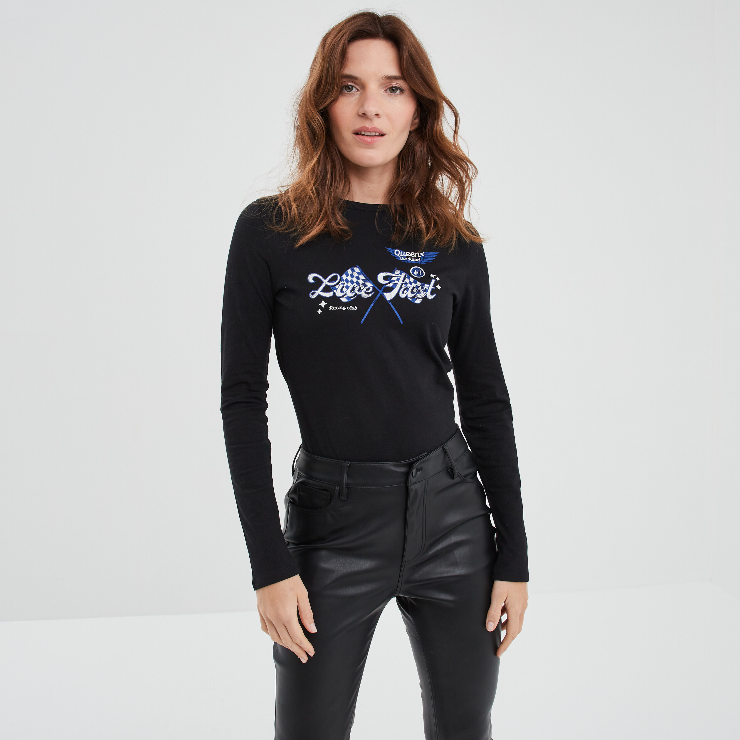 T-shirt ajusté manches longues coton noir femme | La Halle