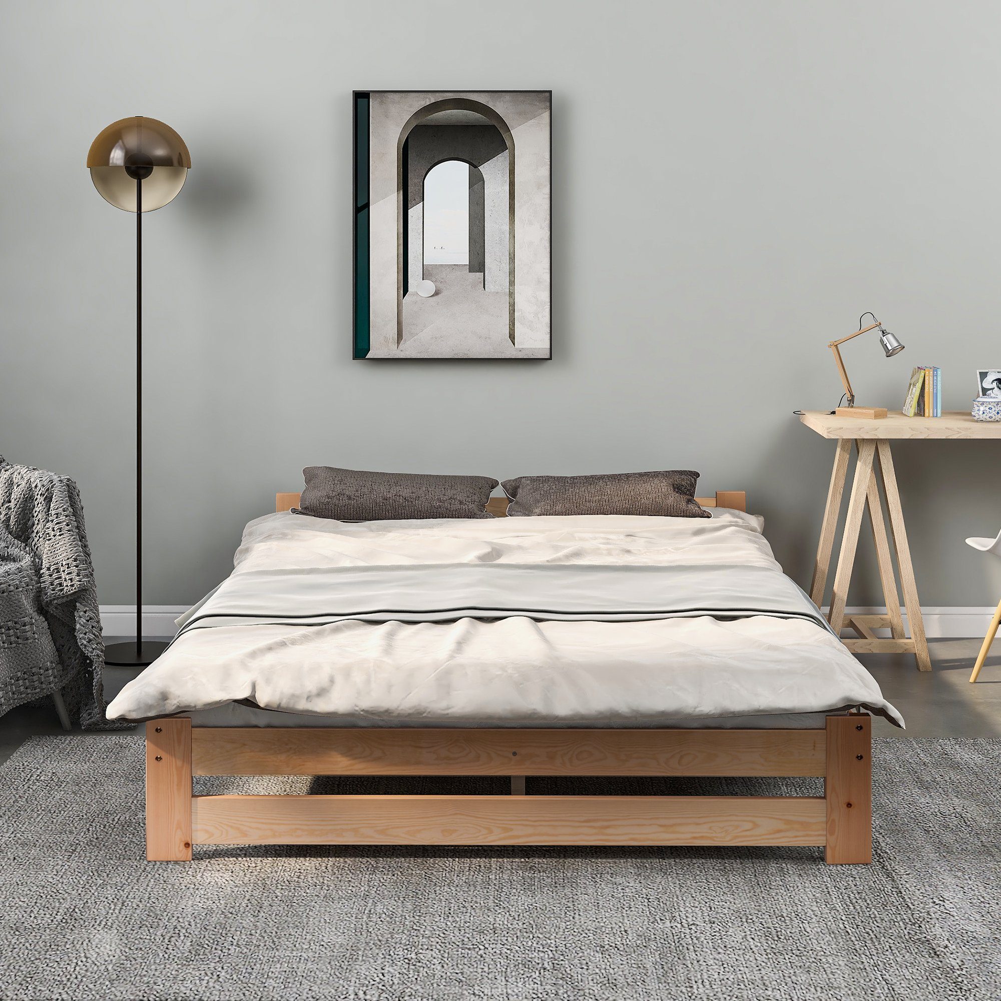 BlingBin Holzbett Futonbett Einzelbett Massivholz mit Kopfteil Lattenrost 140x200cm (Massivholz Natur Bett, Natur), Massivholz, in zwei Größen erhältlich