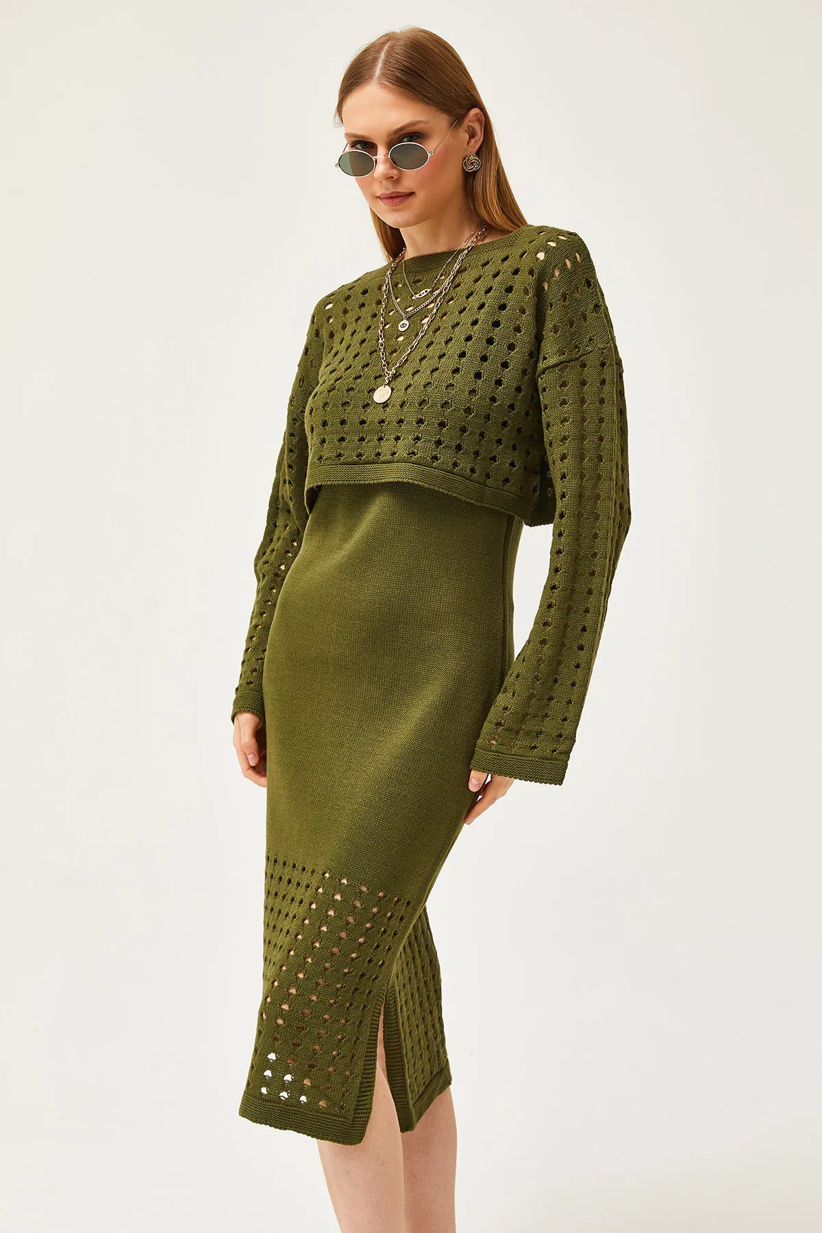 Olalook  Damen-Khaki-Oberteil mit durchbrochenem Pullover und unterem durchbrochenem Kleid aus Strickwaren-Set TKM-19000246