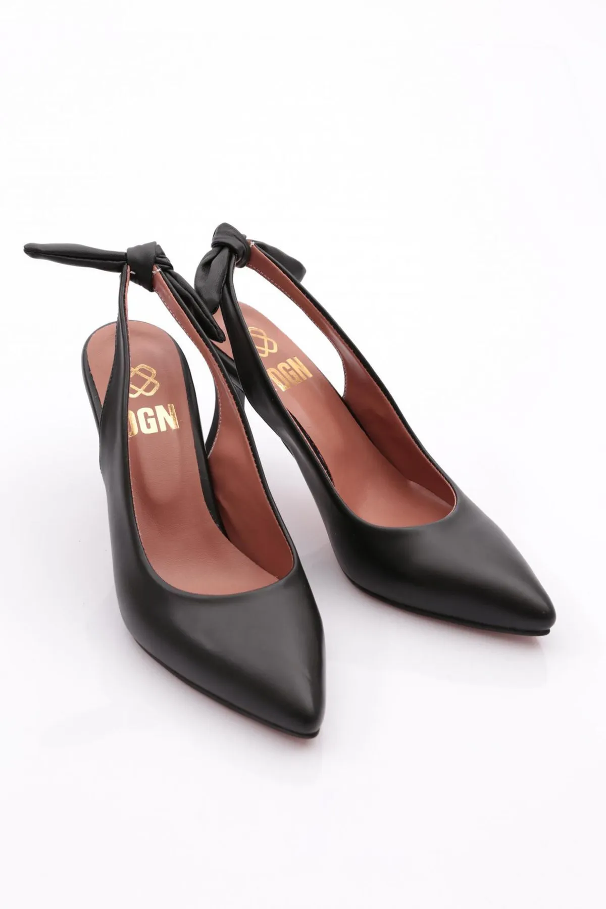 DGN  701-22y Schwarze Damenschuhe mit Absatz - spitze Spitze, niedriger Schnitt, Knöchelriemen