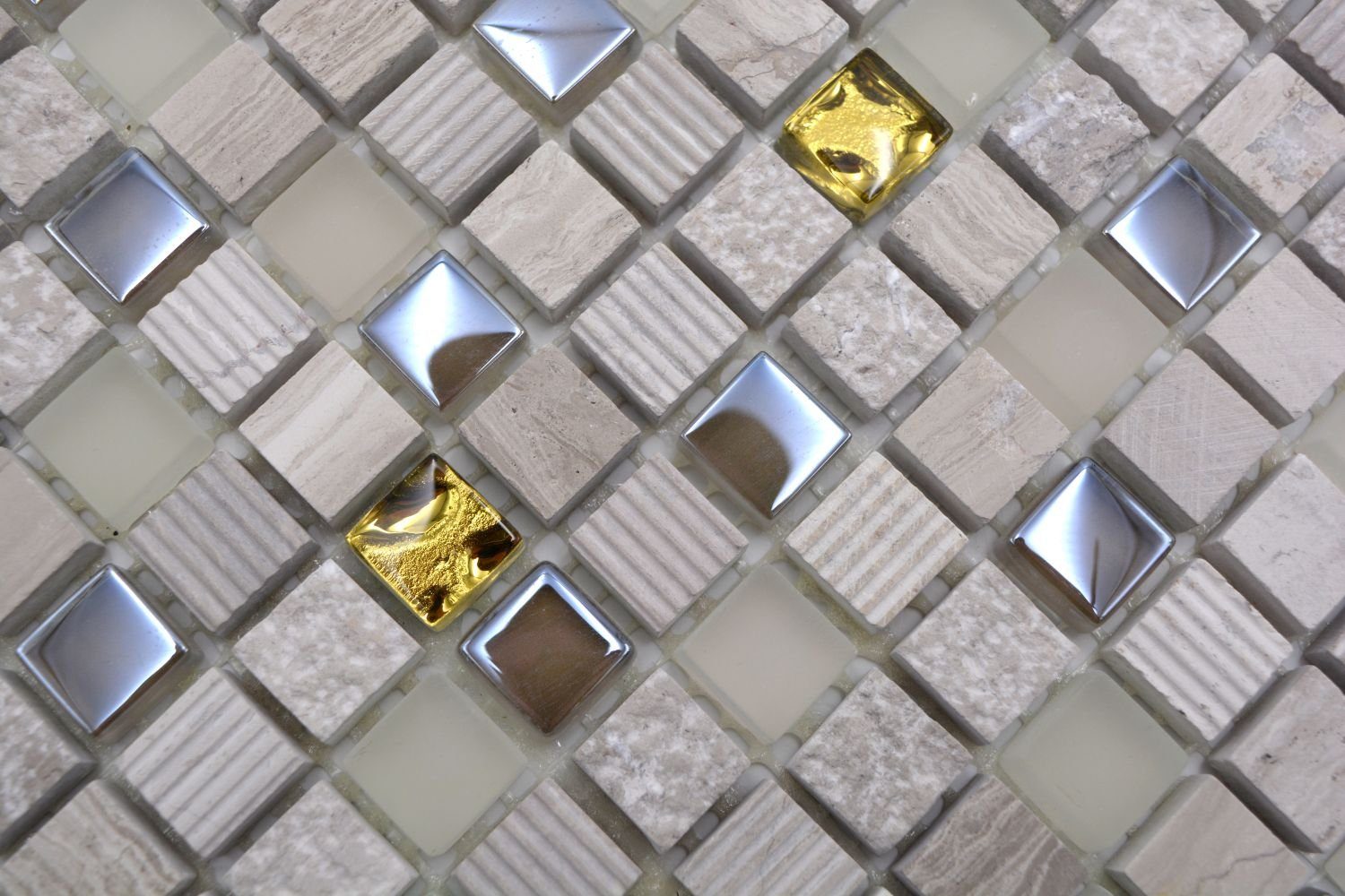 Mosani Mosaikfliesen Glasmosaik Naturstein Mosaik hellgrau gold matt / 10 Matten