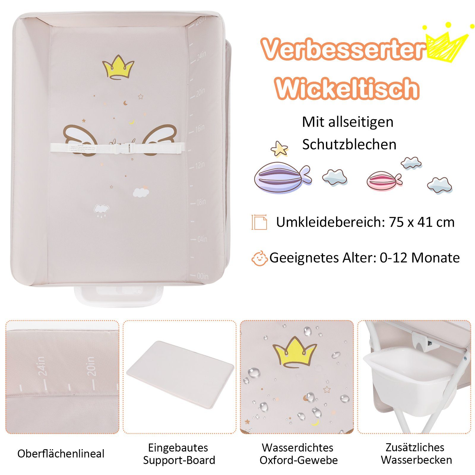 COSTWAY Wickeltisch Babybadewanne, höhenverstellbar & klappbar
