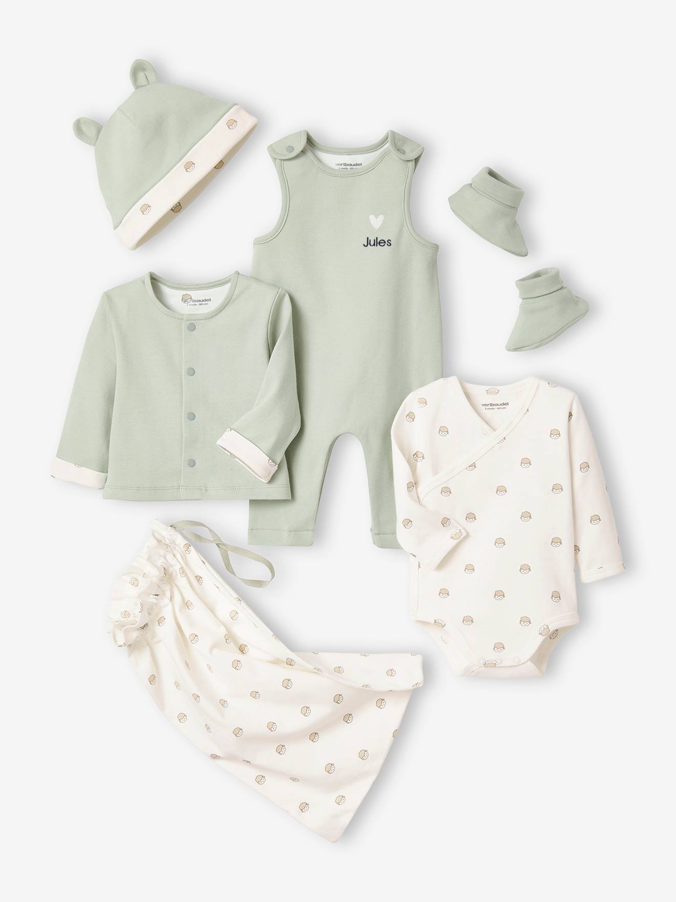 Kit naissance 5 pièces personnalisable + pochon vert d'eau