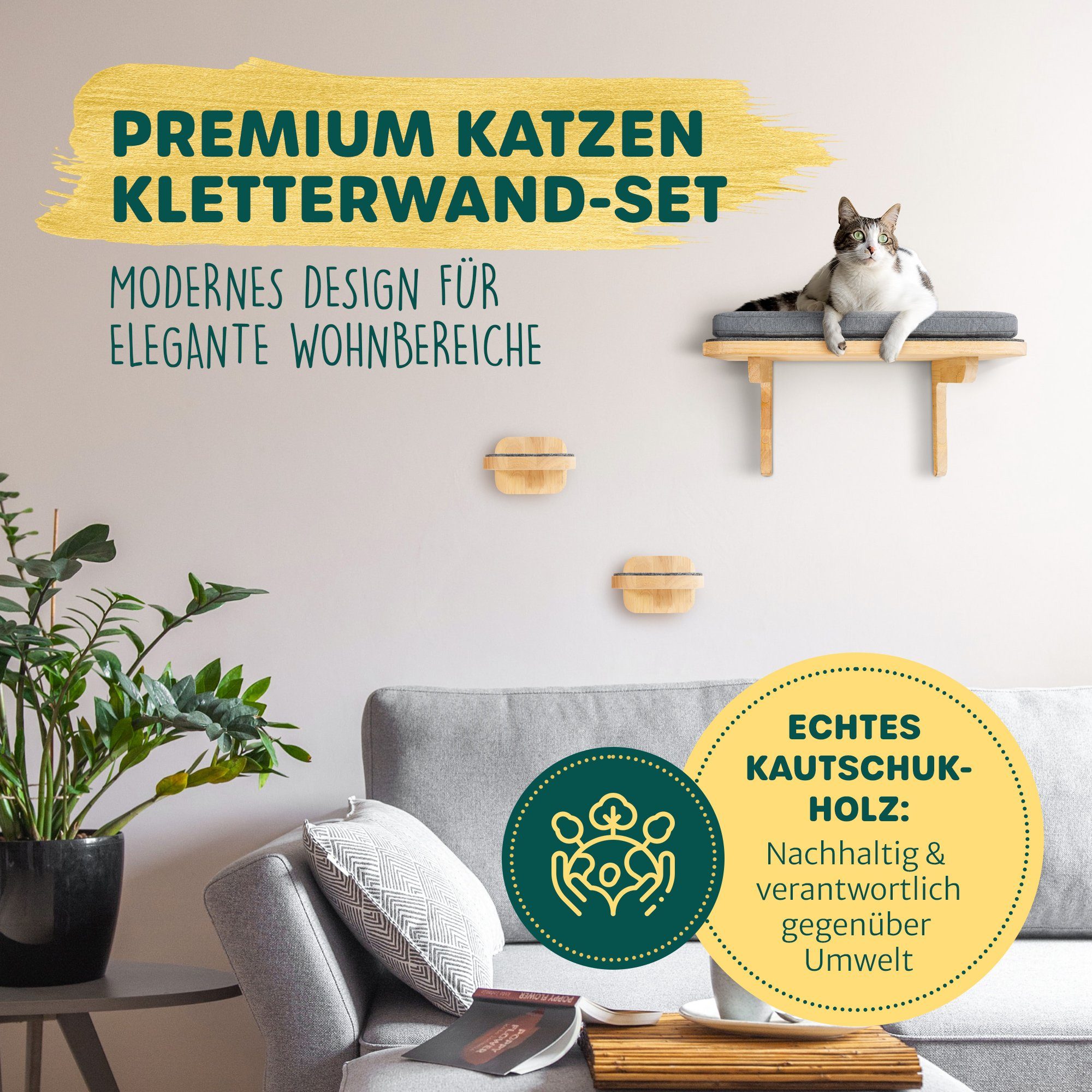 Happypet Katzen-Kletterwand CCLW, inkl. 2 x Katzenstufen Luxus Katzenwand Stabil, Massivholz, bis 45 Kg