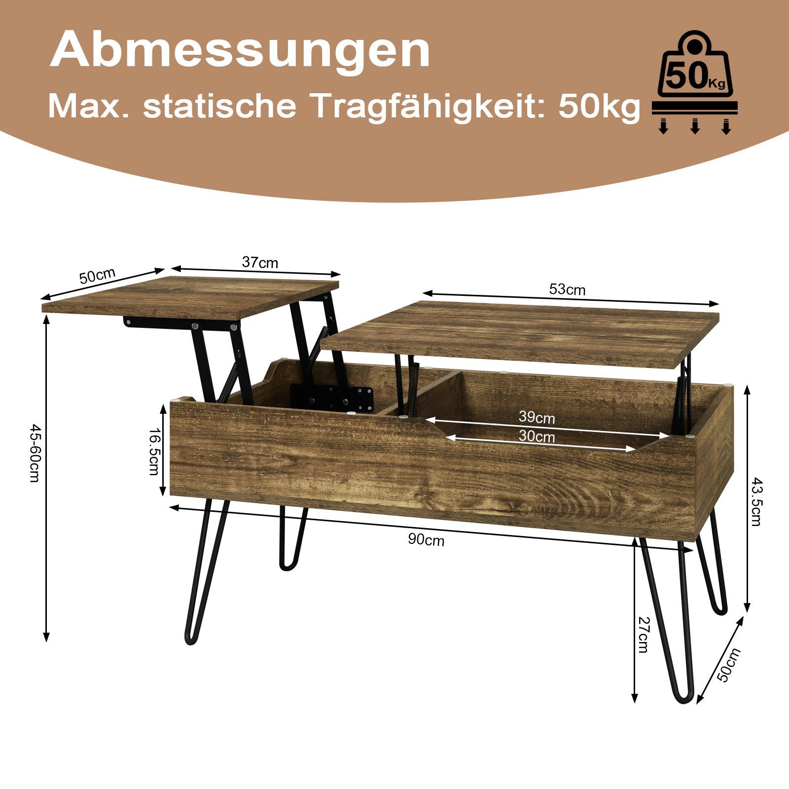Woltu Couchtisch (1-St), separates verstecktes Ablagefach, Doppelte Hubplatte