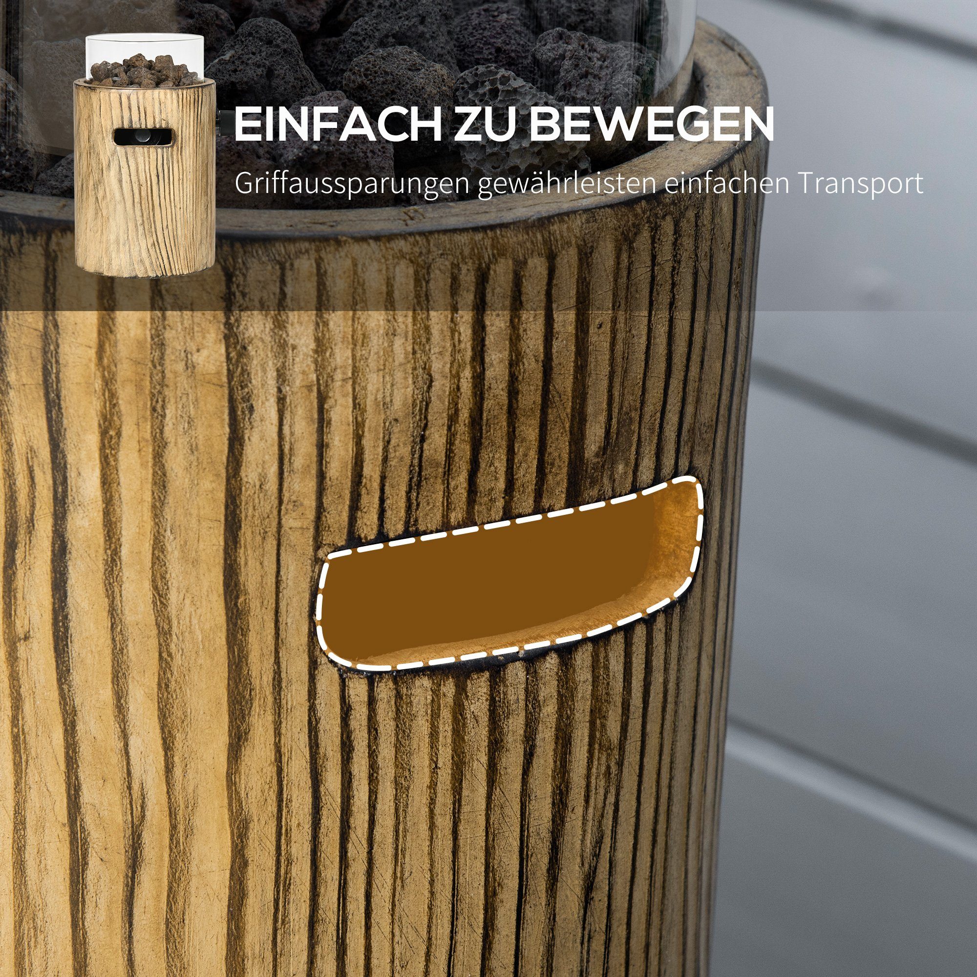 Outsunny Feuerstelle 10.000BTU Tischfeuerschale, Tragbare Feuerstelle, (Lavasteinen für Outdoor, 1-St., Heizstrahler im Holzoptik mit runder Gasfeuerschale), ØxH: 21.5 x 34.5 cm
