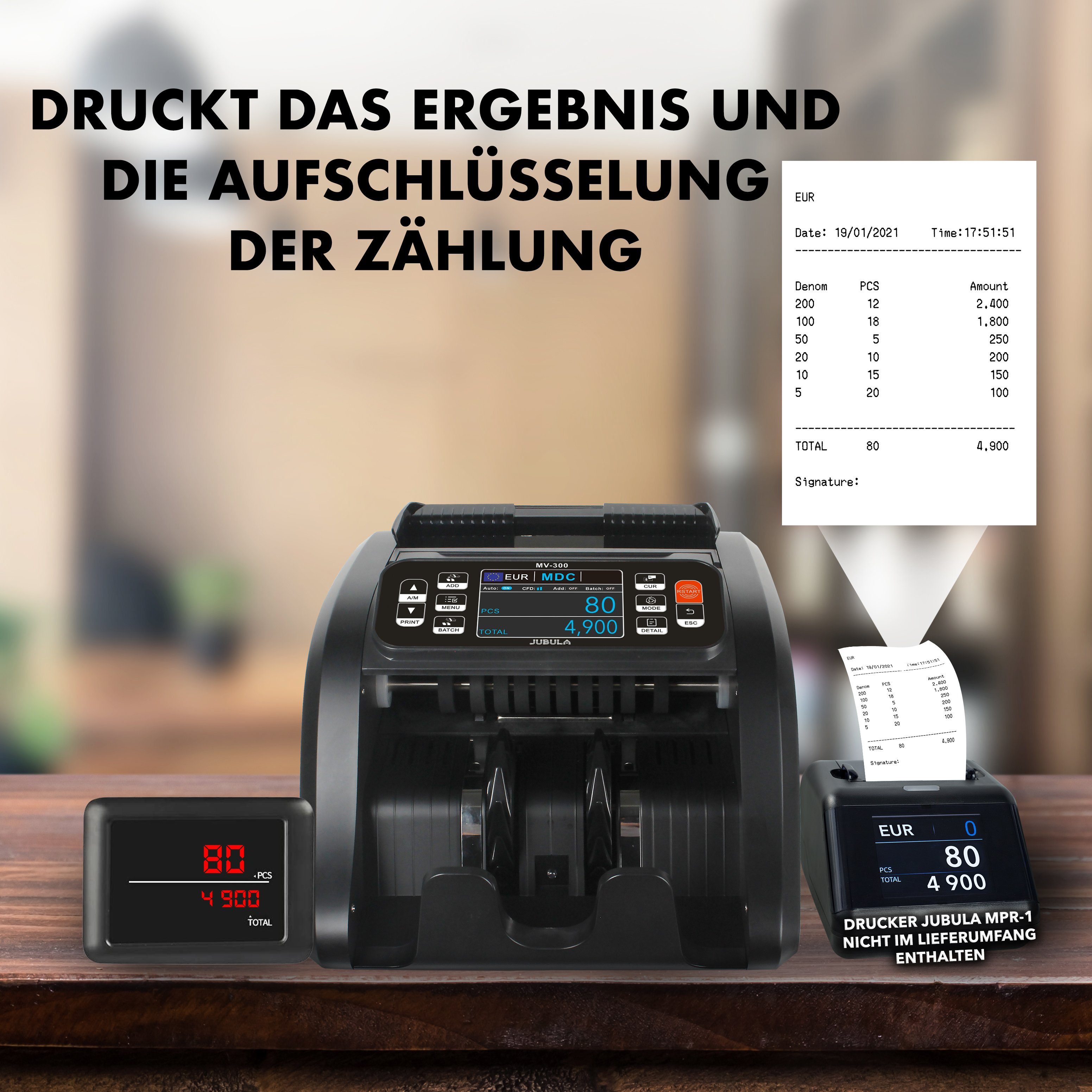 Jubula Banknotenzähler Mv-300, EUR USD GBP, Geldzählmaschine für gemischte Geldscheine, Exakt