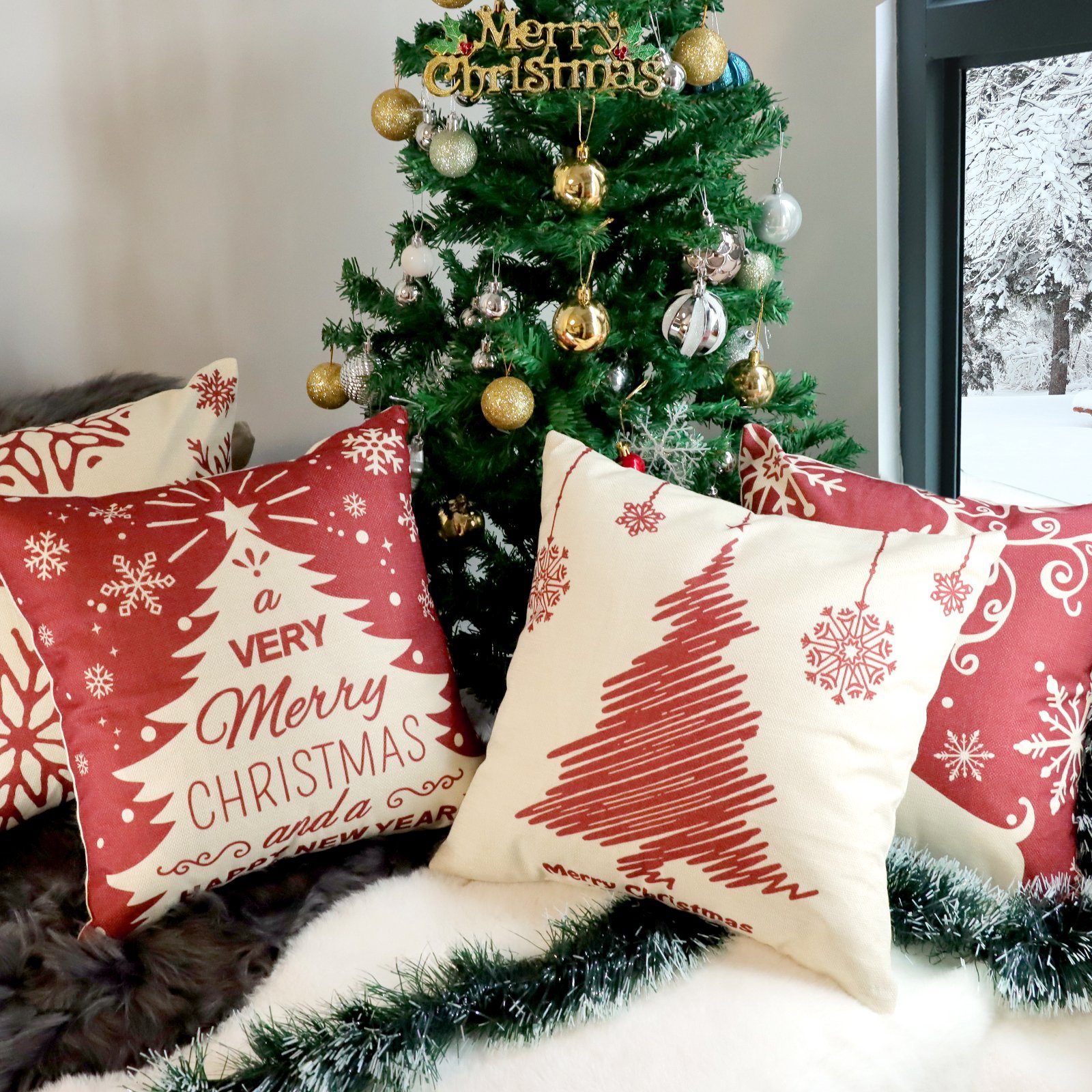 Kissenbezüge Leinenlook für Zierkissen, Sofakissen, Weihnachts-Kissenbezüge, CALIYO, 4 Stück Kissenbezug zu Weihnachten