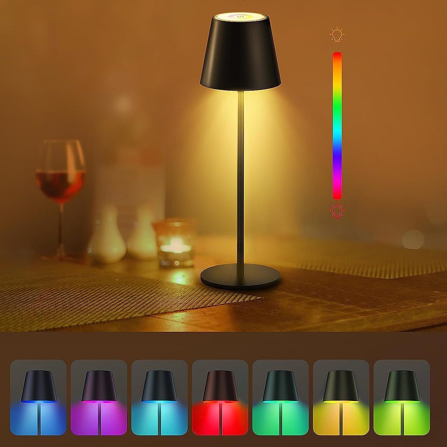 AKKEE LED Tischleuchte Außen-Tischleuchte Tischleuchten Kabellos Schwarz LED Tischlampe, Wiederaufladbar, LED fest integriert, 8 Farben verfügbar+ Dimmbare Tischleuchte, mit Touch-Schalter für Innen und Außenbereich