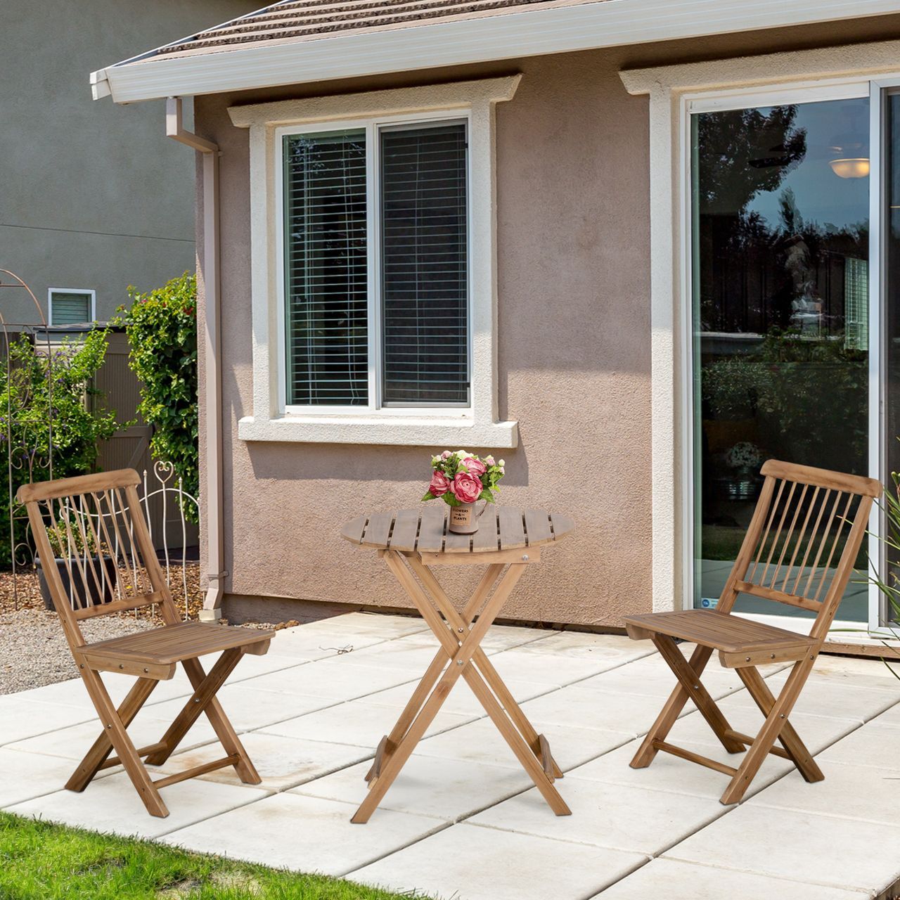 Outsunny Bistroset 3-tlg. Klappbar Holz Gartenset Balkonset Bistrotisch mit 2 Stühlen Gartenmöbel Natur
