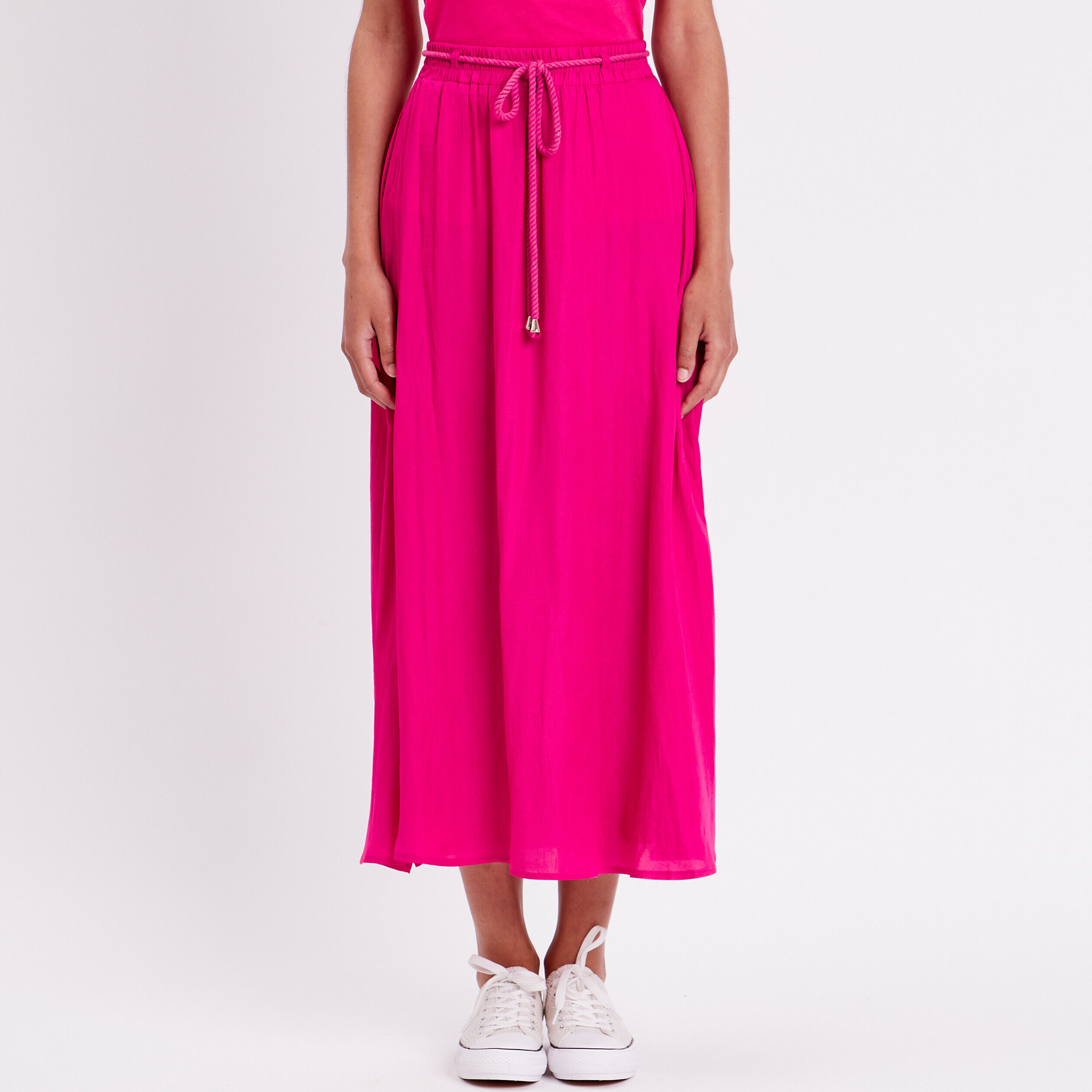 Jupe longue évasée satin rose fushia femme | Cache Cache