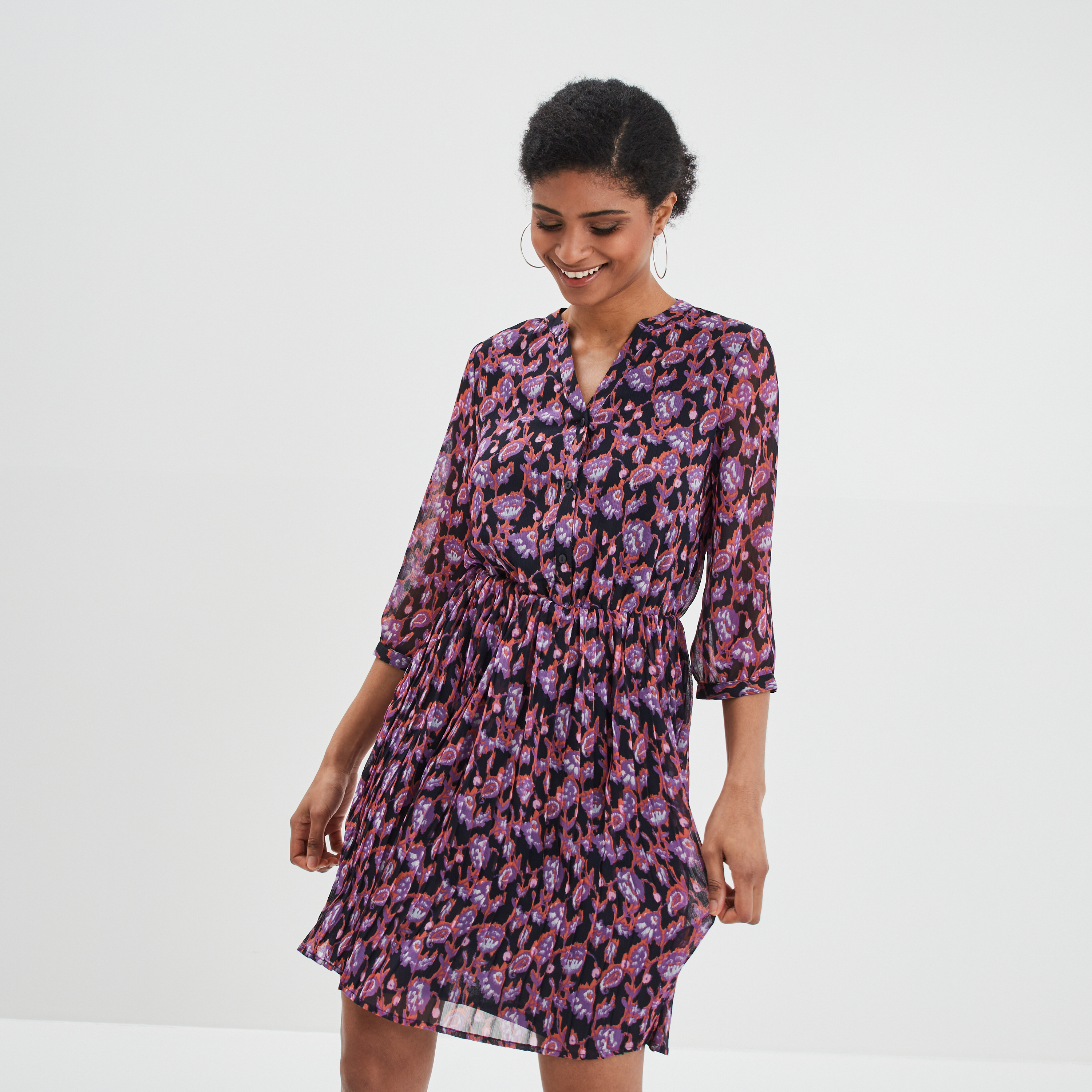 Robe évasée bas plissé manches 3 4 bleu marine femme | La Halle