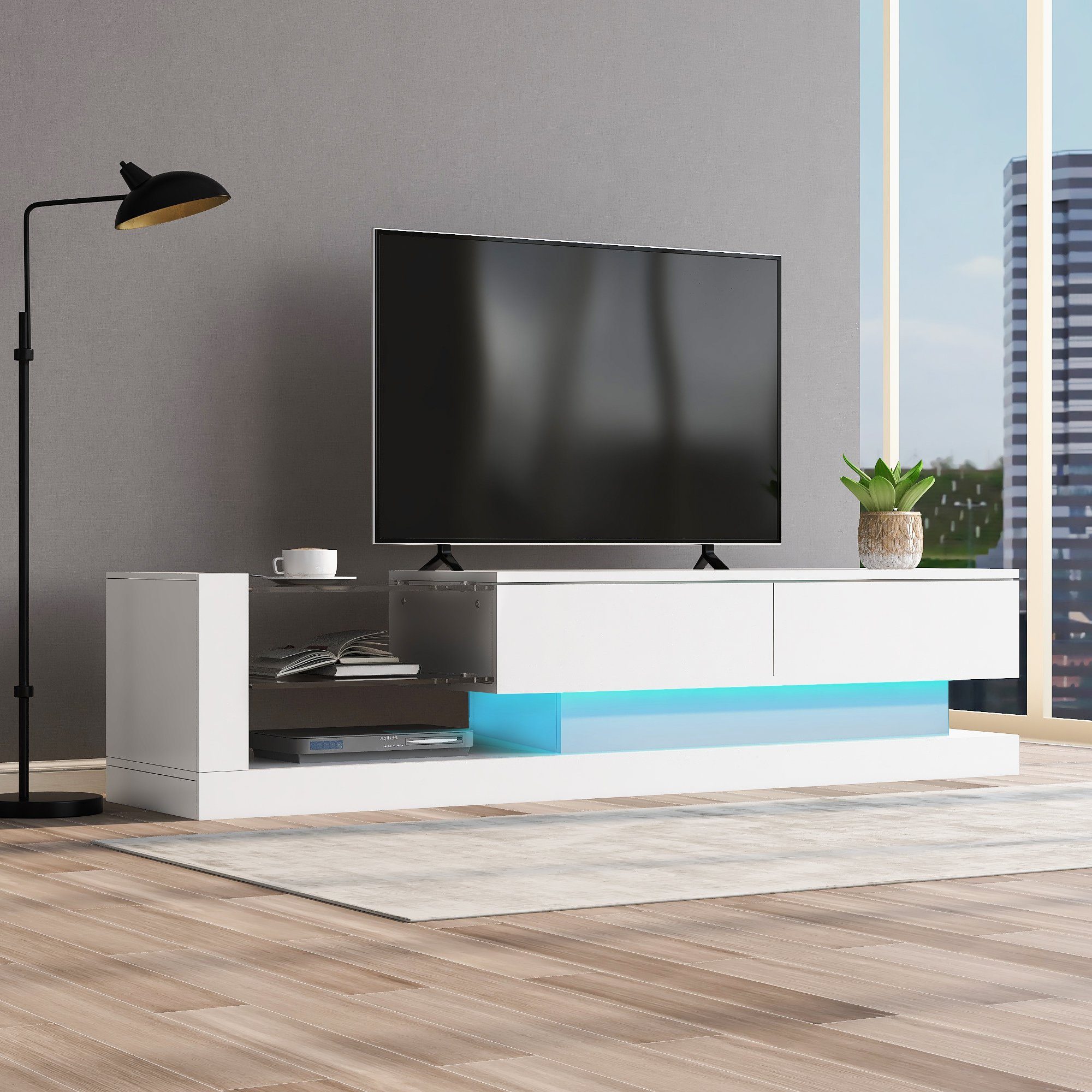 OKWISH TV-Schrank TV-Schrank hochglanz mit Klapptüren (Breite:140cm) TV-Schrank, mit Glasablagen und LED-Beleuchtung