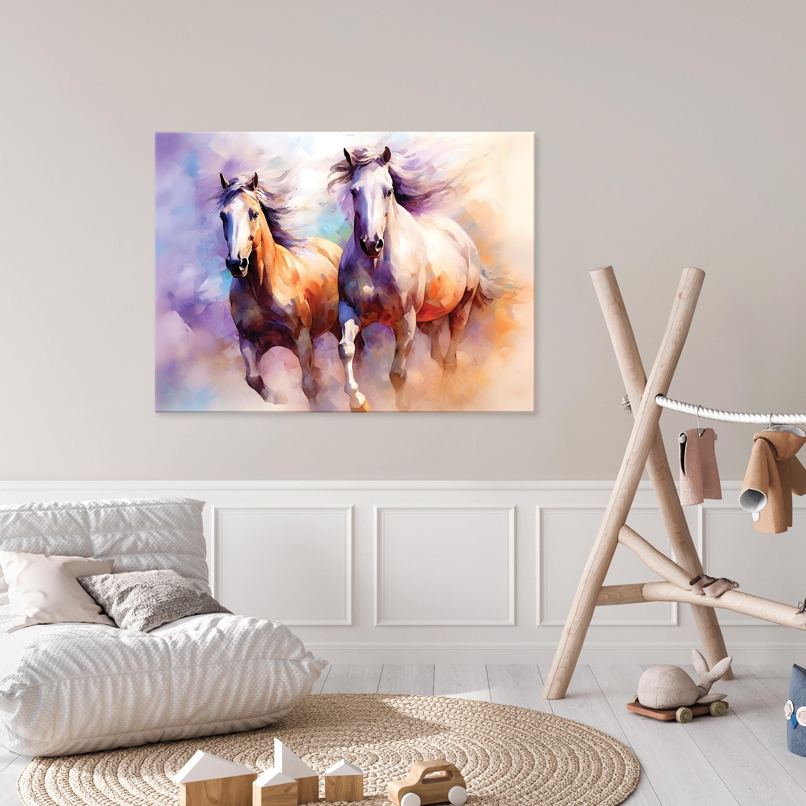 Wallarena Leinwandbild Pferde Aquarell Gemalt Tiere Kunst Wandbild XXL Leinwandbilder Modern, Kinder (Einteilig, 1 St), Leinwandbild Leinwand Bilder Bild Groß Aufhängefertig