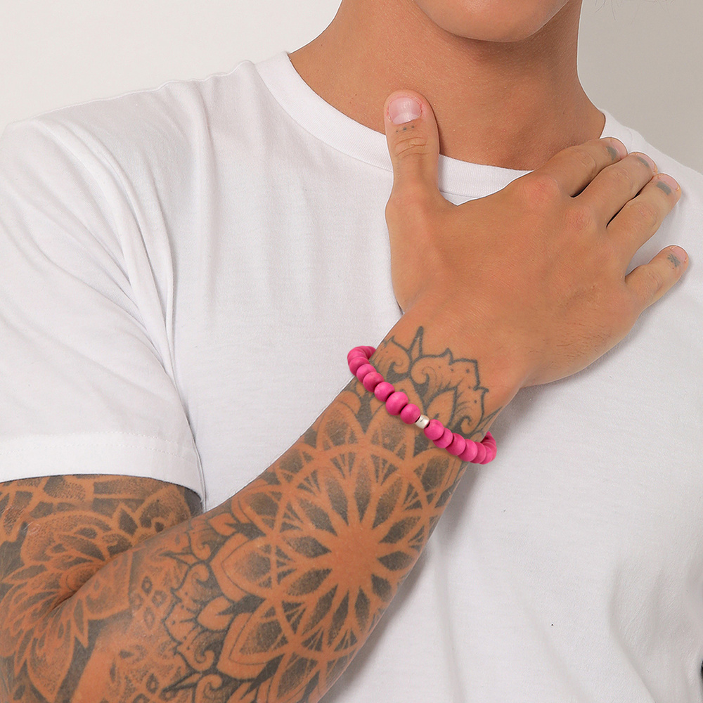 KUZZOI KUZZOI Bracelet Hommes Perles en bois Perles roses en argent sterling 925 Bracelet