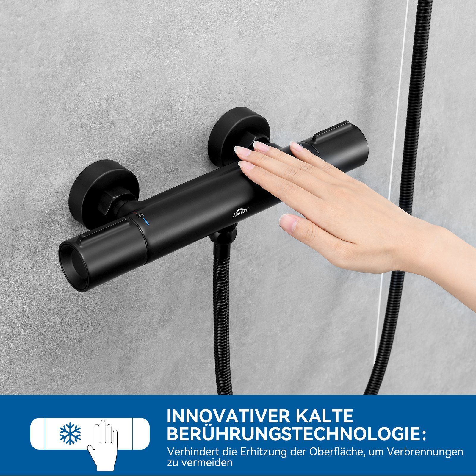 Auralum Brausethermostat Duscharmaturen mit Thermostat Mischbatterie 38℃ Sicherheitsknopf,Schwarz
