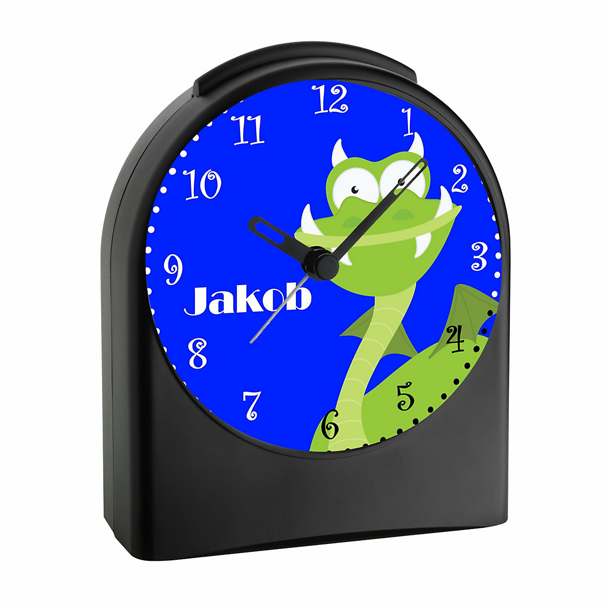 Kinder Funkwecker personalisiert mit Namen Drache grün Atom-/Funkuhr, 12-Stunden-Anzeigeformat, Schlummerfunktion, Nachtlicht, Geräuschlos/Ohne Ticken