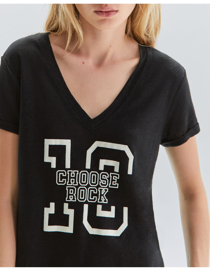 Tee-shirt noir en maille de lin à message Femme
