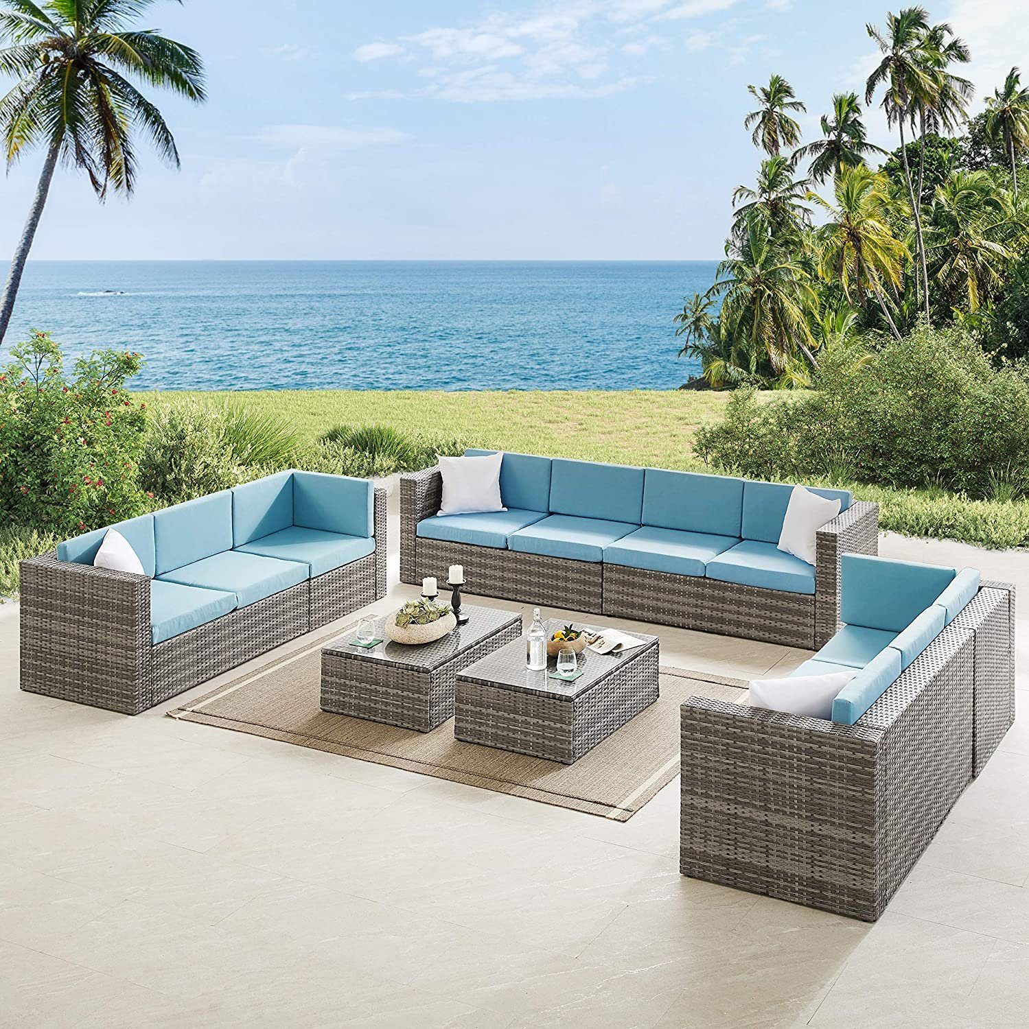 Mucola Gartenlounge-Set Gartenmöbel Rattanmöbel Gartenset Polyrattan Sitzgruppe Grau Blau Sofa, (Stück, 4-tlg., Premium-Sitzgarnitur), Hochdichter Schaumstoff