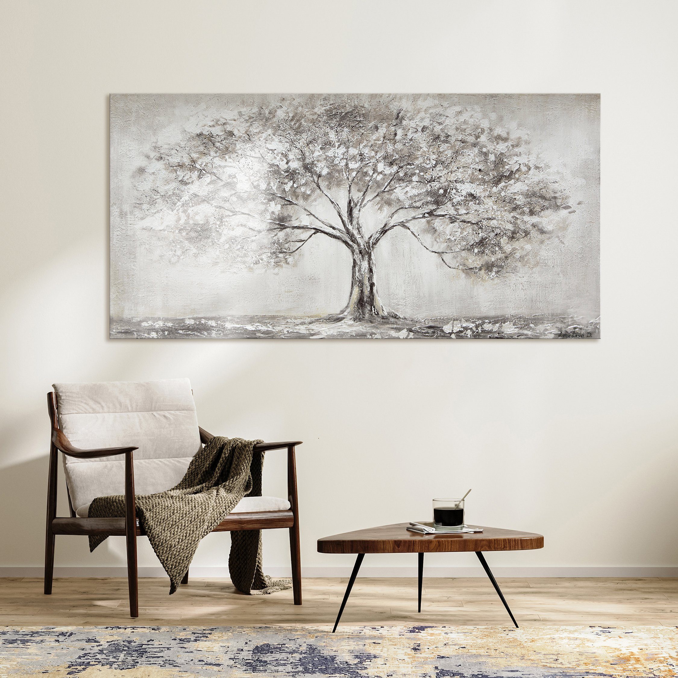 YS-Art Gemälde Lebensbaum, Landschaft, Leinwand Bild Handgemalt Grau Lebensbaum Natur Familie