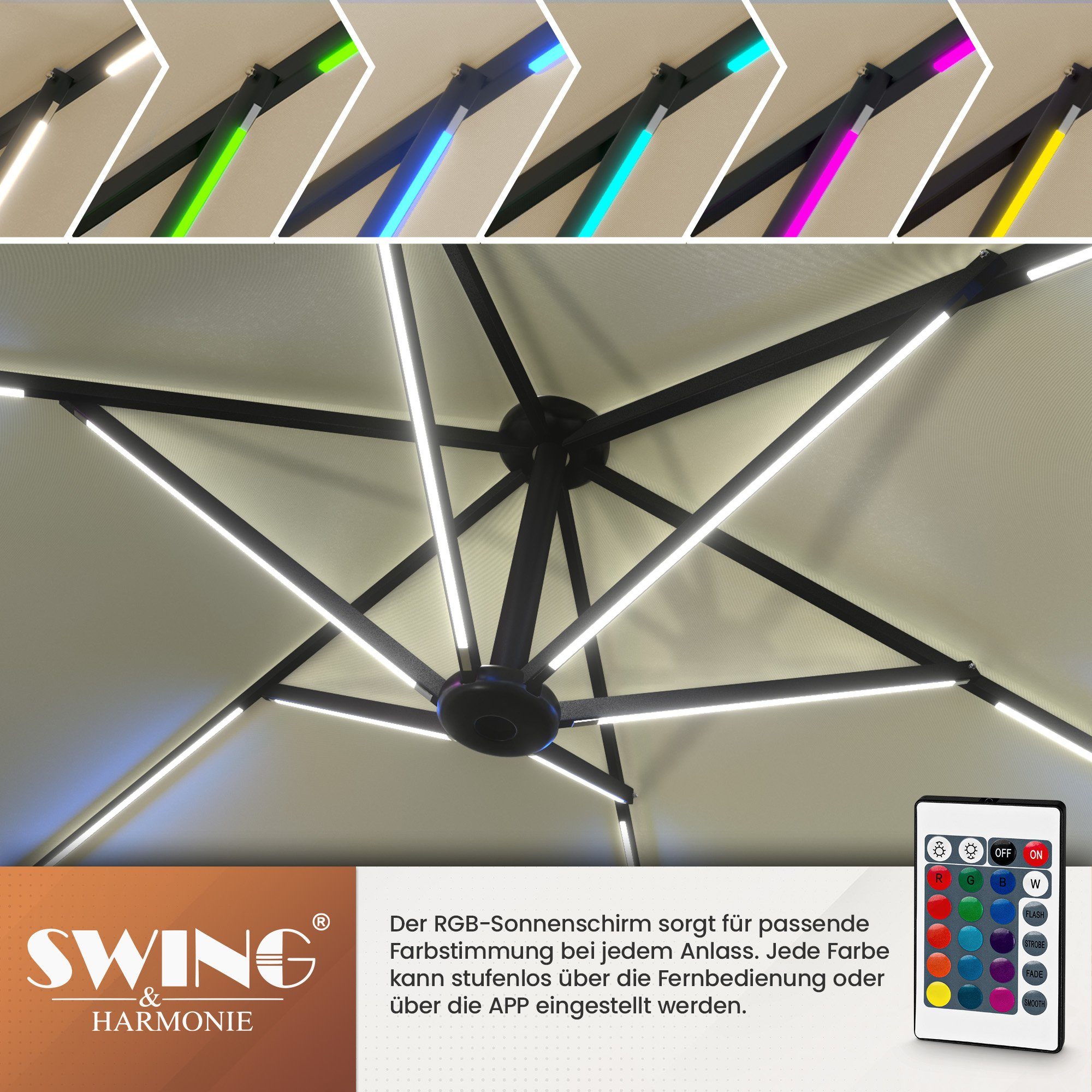 Swing&Harmonie Sonnenschirm mit RGB Beleuchtung LED Ampelschirm Garten Schirm, 300 / 350 cm inkl. Fernbedienung, APP Steuerung