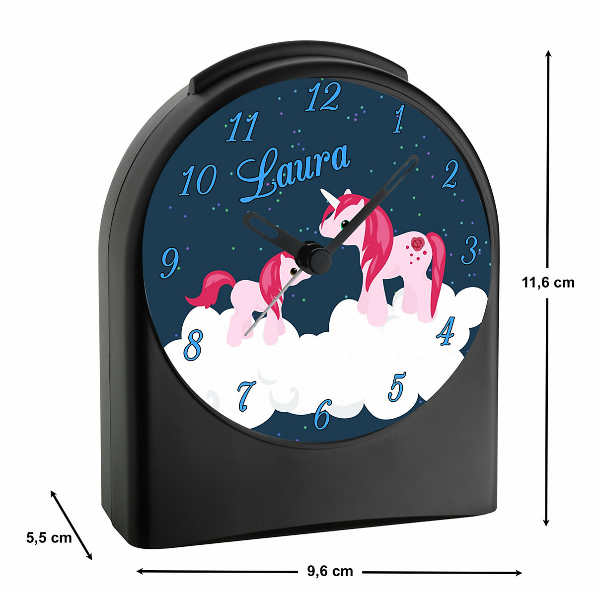 Kinder Funkwecker personalisiert mit Namen Einhorn Atom-/Funkuhr, 12-Stunden-Anzeigeformat, Schlummerfunktion, Nachtlicht, Geräuschlos/Ohne Ticken