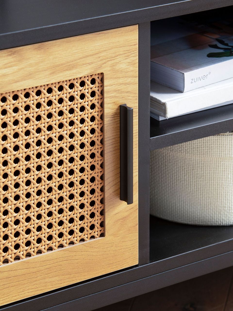 Wohnling Lowboard 110 cm TV Schrank Holz Schwarz Fernsehkommode Wiener Geflecht