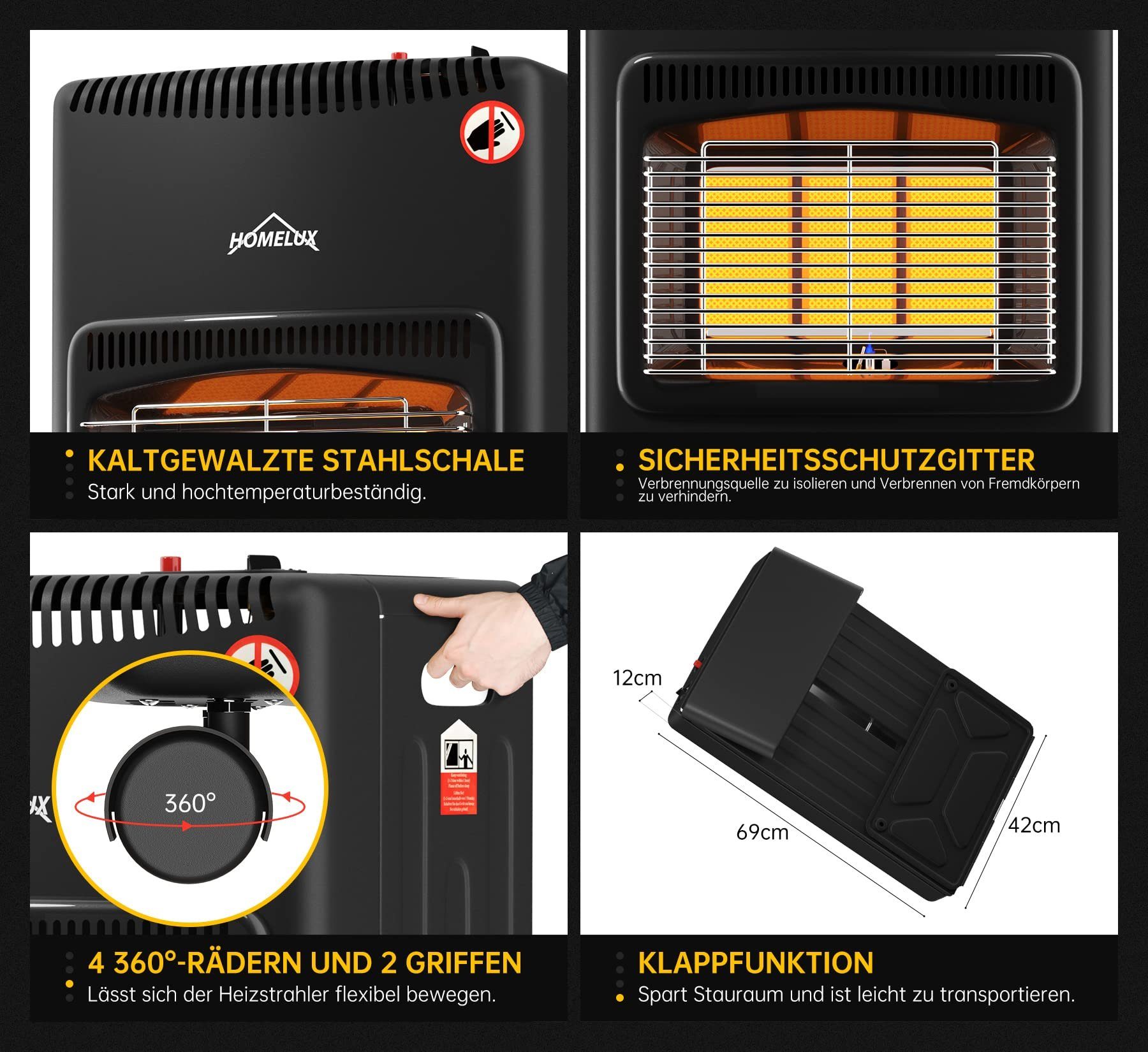 HOMELUX Heizgerät Heizlüfter Gasheizung für Innenräume, Schlauch und Druckminderer, ODS,bis 15kg, 4200W, Infrarot Keramikbrenner, Heizstrahler