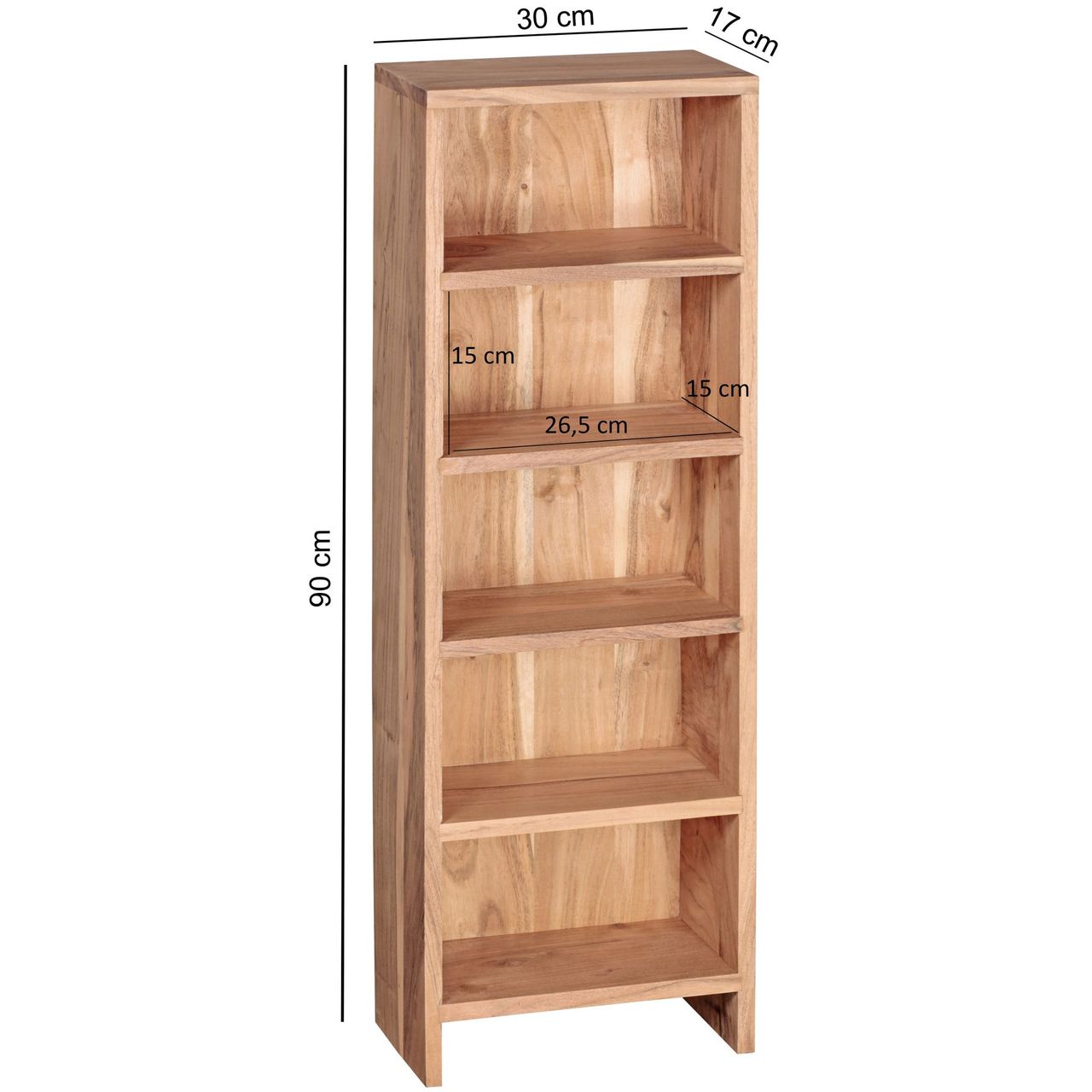Wohnling CD Regal Massivholz Akazie Standregal 90 cm hoch CD-Aufbewahrung 5 Fächer Bücherregal natur Landhaus-Stil