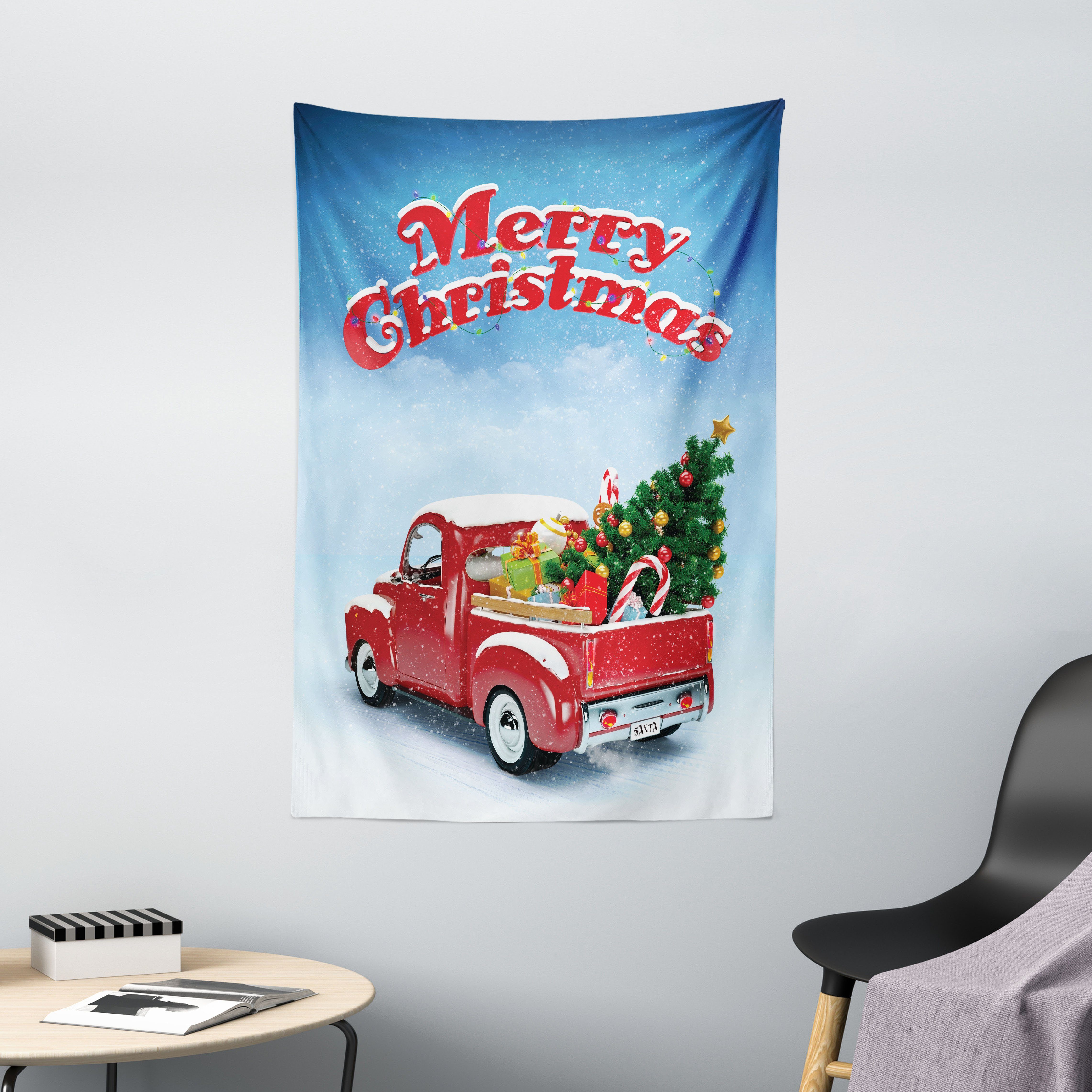 Wandteppich Wohnzimmer Schlafzimmer Wandtuch Seidiges Satin Wandteppich, Abakuhaus, rechteckig, Weihnachten Pickup-Truck Aufwändige