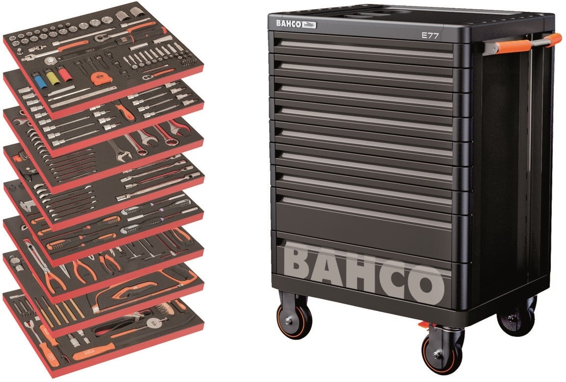 Carrinho de ferramentas Bahco AUTO com 9 gavetas e 357 peças.