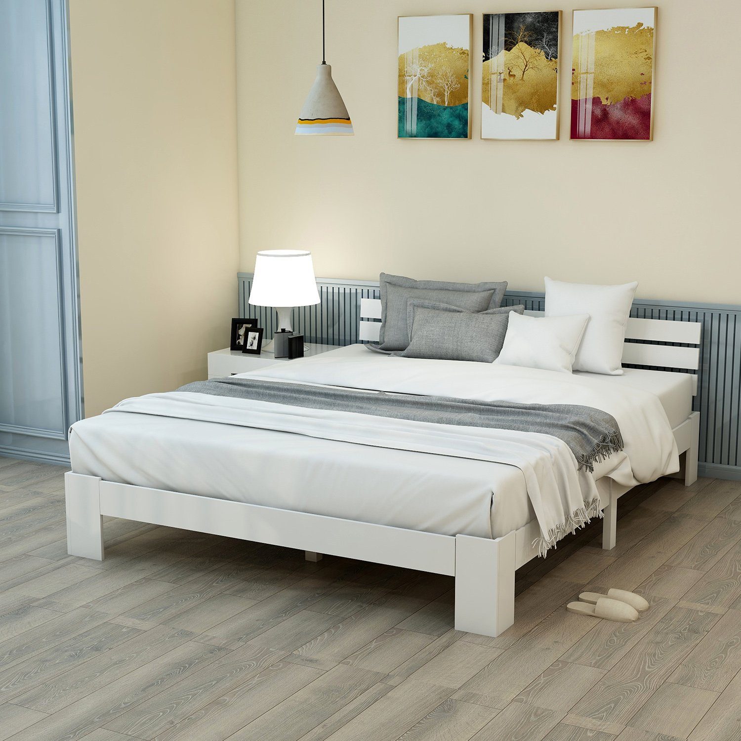 WISHDOR Holzbett Doppelbett Holz Bett Kinderbett Jugendbett Massivholzbett 140x200 cm (ohne Matratze Massivholzbett Bettgestell mit Lattenrosten mit Kopfteil), FSC Massiv Massivholz Kieferbett