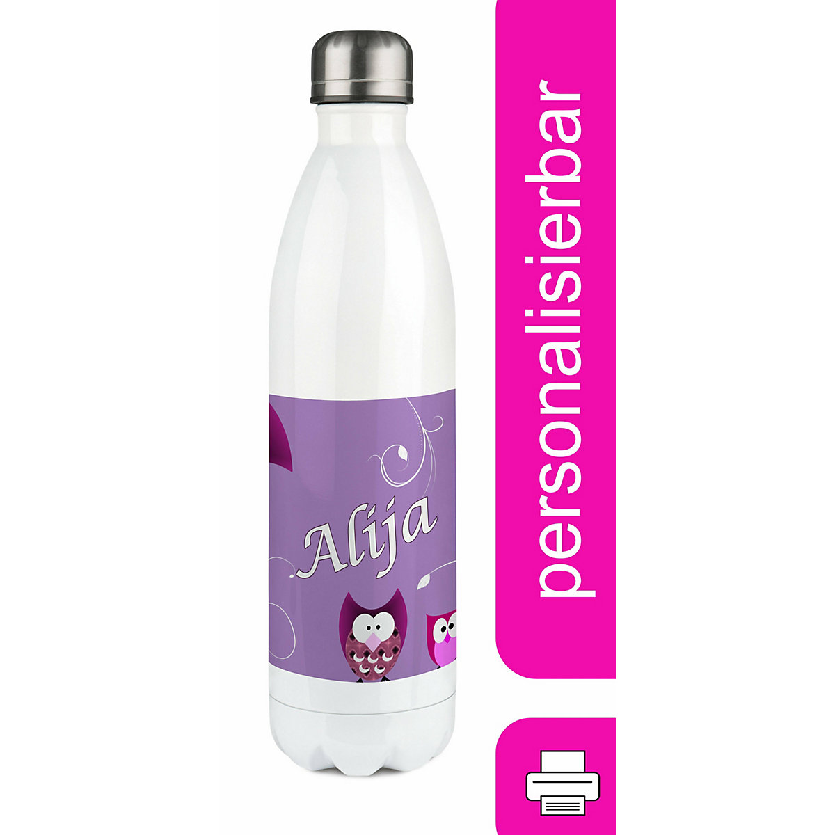 Edelstahl Kinder Thermoflasche / Trinkflasche bunt Eule Farbe lila Spülmaschinenfest, Auslaufsicher, Bruchfest, Doppelwandig, Für Heißgetränke geeignet, Mit Deckel, Isoliert