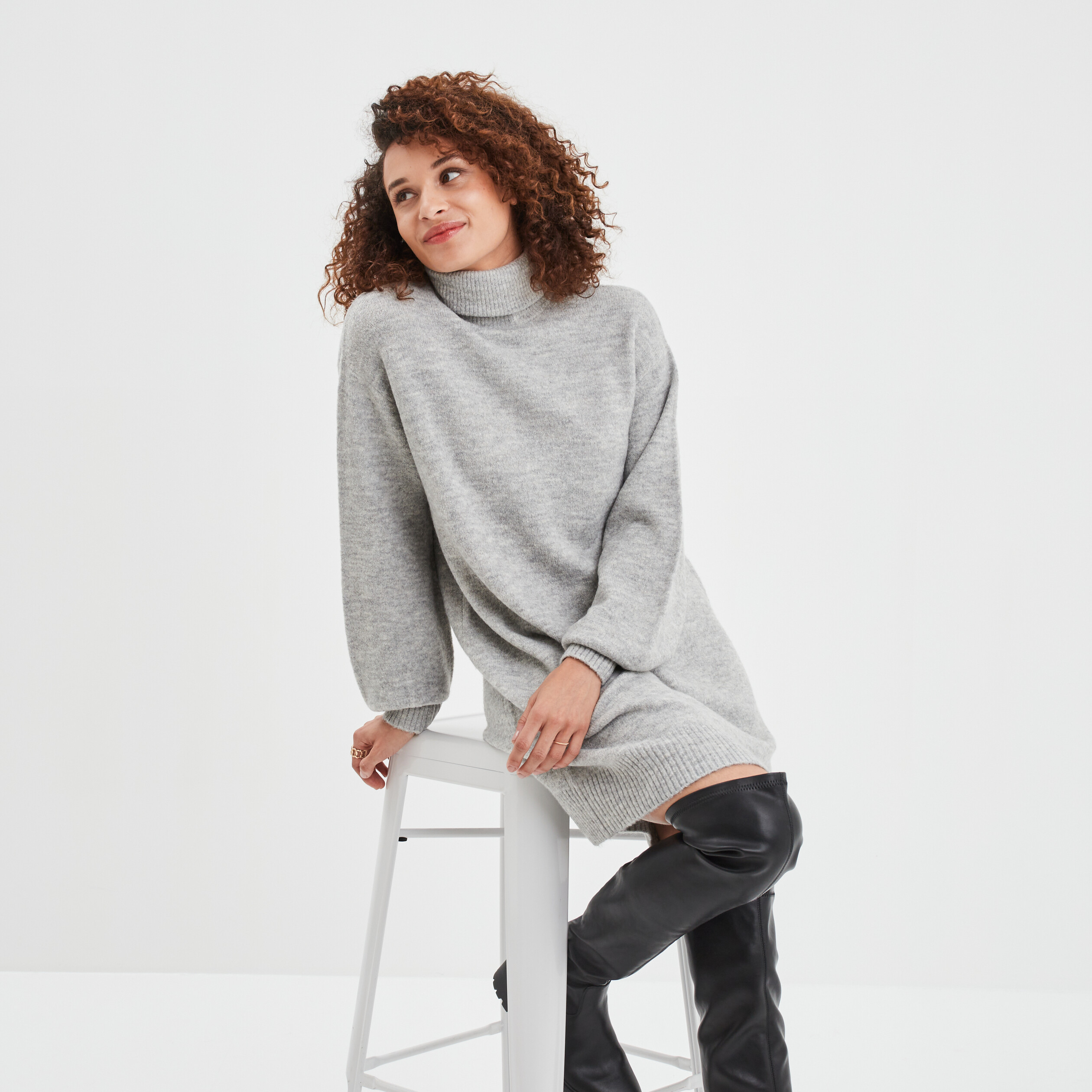 Robe pull col roulé courte droite gris clair femme | La Halle
