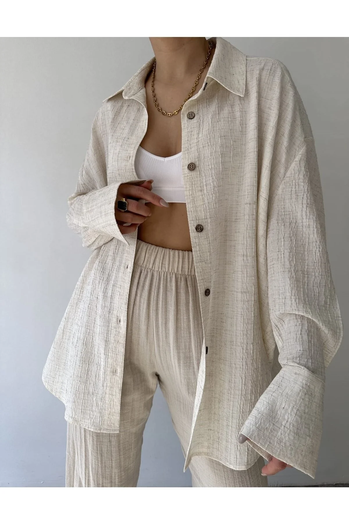MAİ COLLECTİON  Beiges Durres-Leinen-Oversize-Hemd