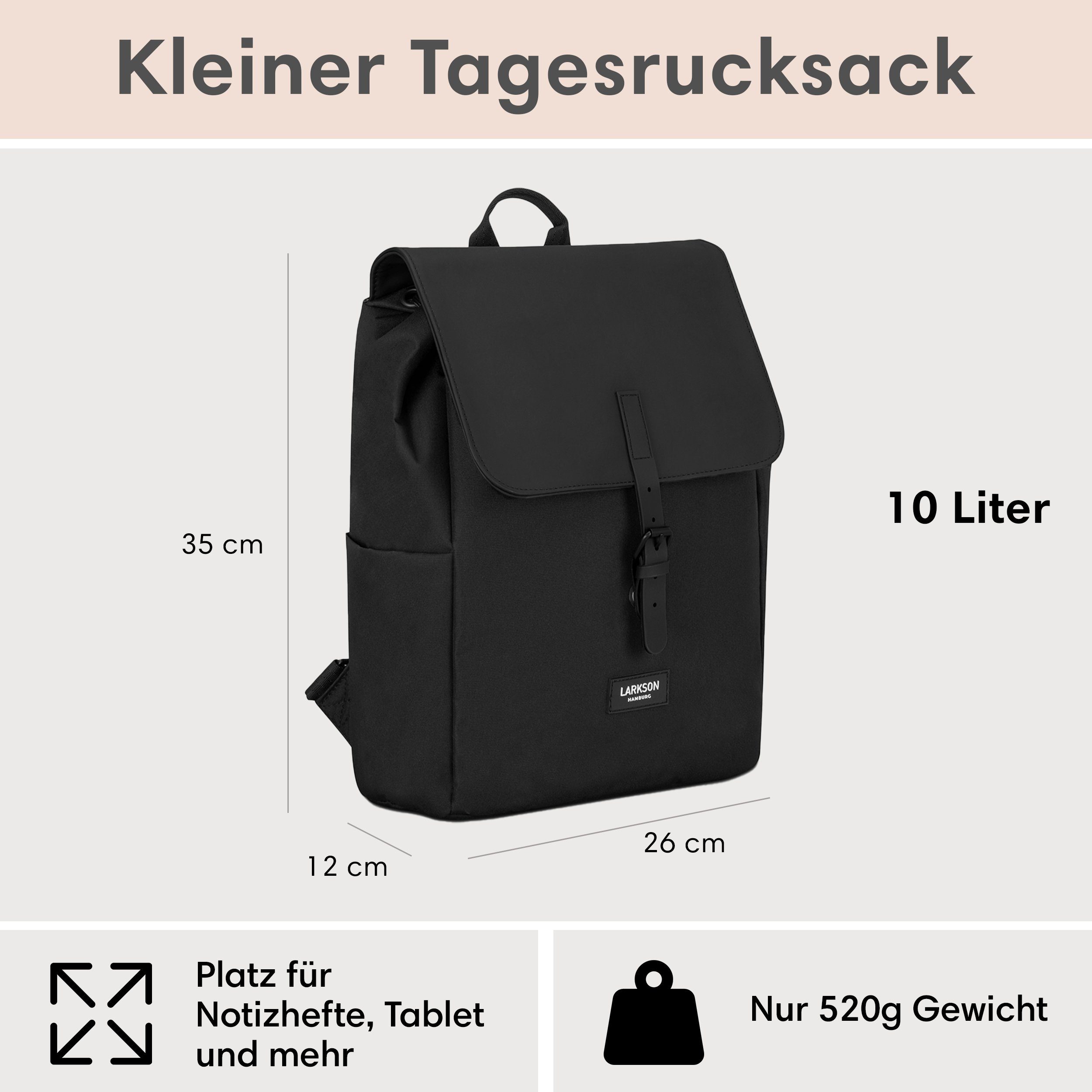 LARKSON Cityrucksack Ida Laptop Rucksack Damen Herren Klein Elegant, Anti Diebstahl Seitentasche, Laptopfach, Wasserabweisend