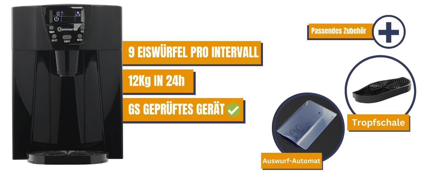 Sommertal Eiswürfelmaschine Sommertal Eiswürfelmaschine EM12E, Ice Maker, schnelle Eisherstellung ab 6 Minuten, 12kg pro Tag