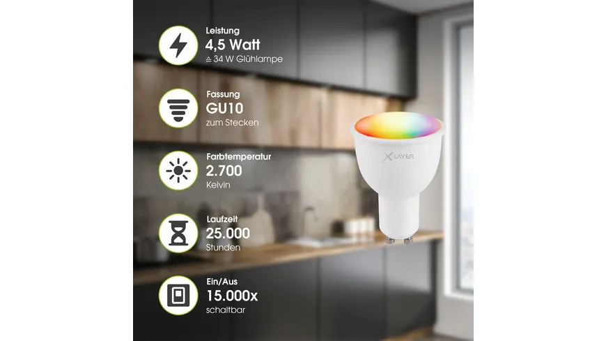 XLayer Smart Home WiFi LED GU10 - 4.5 Watt Lampe - Birne Mehrfarbig, Dimmbar, Warm- und Kaltweiß